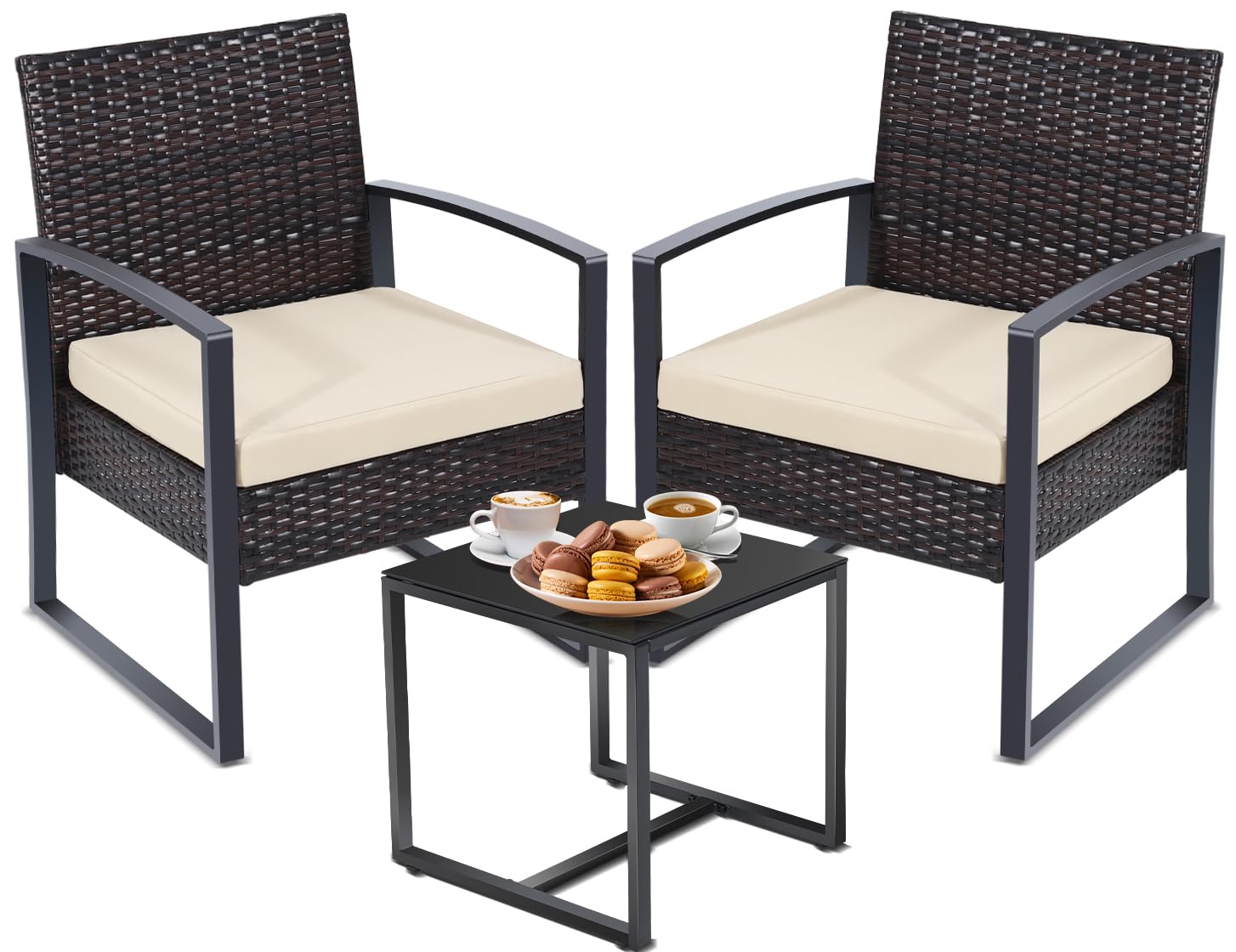 3-Piece Patio Outdoor Wicker Bistro Set - 2 Chairs & Table - Brown Frame with White Cushions - Perfect for Porch, Balcony, Garden or Backyard Relaxation