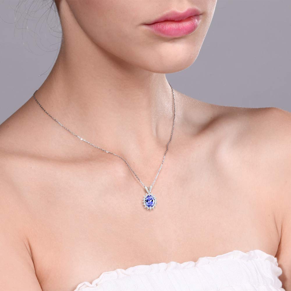 Gem Stone King 925 Sterling Silver Oval Birthstone Pendant Necklace for Women - 8x6mm Oval Gemstone with Halo Setting & 18