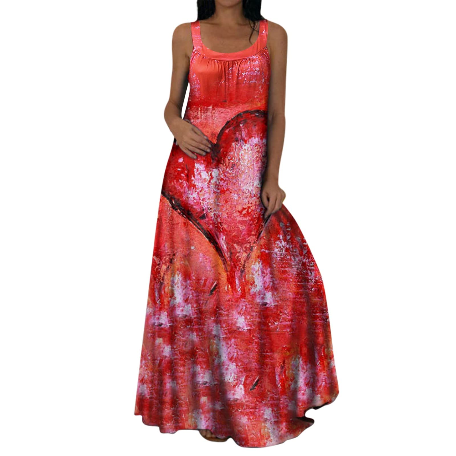 Fankle Women's Casual Summer Maxi Dress - Round Neck Loose Sleeveless Boho Beach Sundress for Wedding Guest, Vacation & Outdoor Events (Red, X-Large)