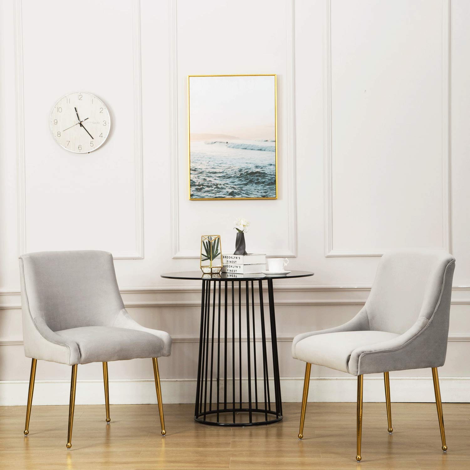 Guyou Grey Velvet Dining Chairs Set of 4 - Modern Upholstered Accent Chairs with Gold Metal Legs for Kitchen, Dining Room, Living Room & Bedroom - Soft Velvet Fabric & Sturdy Frame - Perfect for Dinner Parties, Home Decor & Small Spaces (Grey)