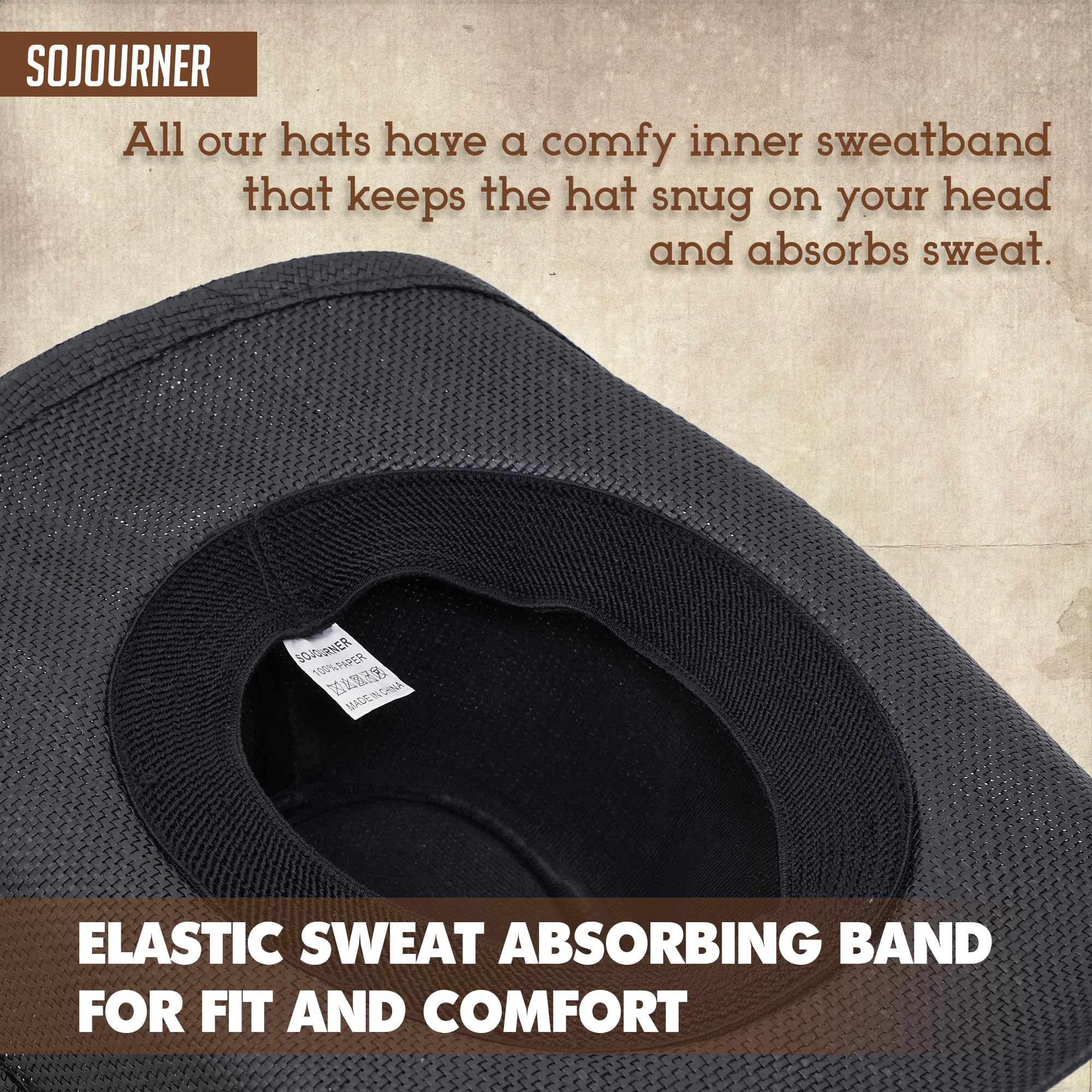 SoJourner Adjustable Cowboy Hat for Men & Women - Wide Brim Western Cowgirl Hat with Chin Strap | Perfect for Rodeo, Country Music Festivals & Outdoor Sun Protection