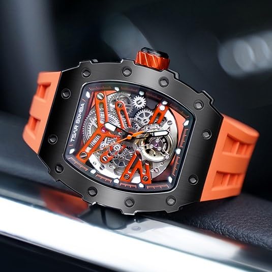 TSAR BOMBA Automatic Skeleton Mechanical Watch for Men - Carbon Fiber Bezel, 50M Waterproof, Silver Dial, Silicone Strap - Luxury Dress Watch for Business, Formal Events & Everyday Wear - Unique Stylish Mens Wristwatch