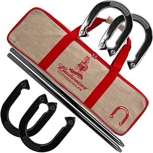 TMG Deluxe Professional Outdoor Horseshoe Set with Budweiser Logo - Includes Bonus Indoor Game for Backyard, Tailgate & Bar Parties | Perfect for BBQ, Camping & Family Gatherings