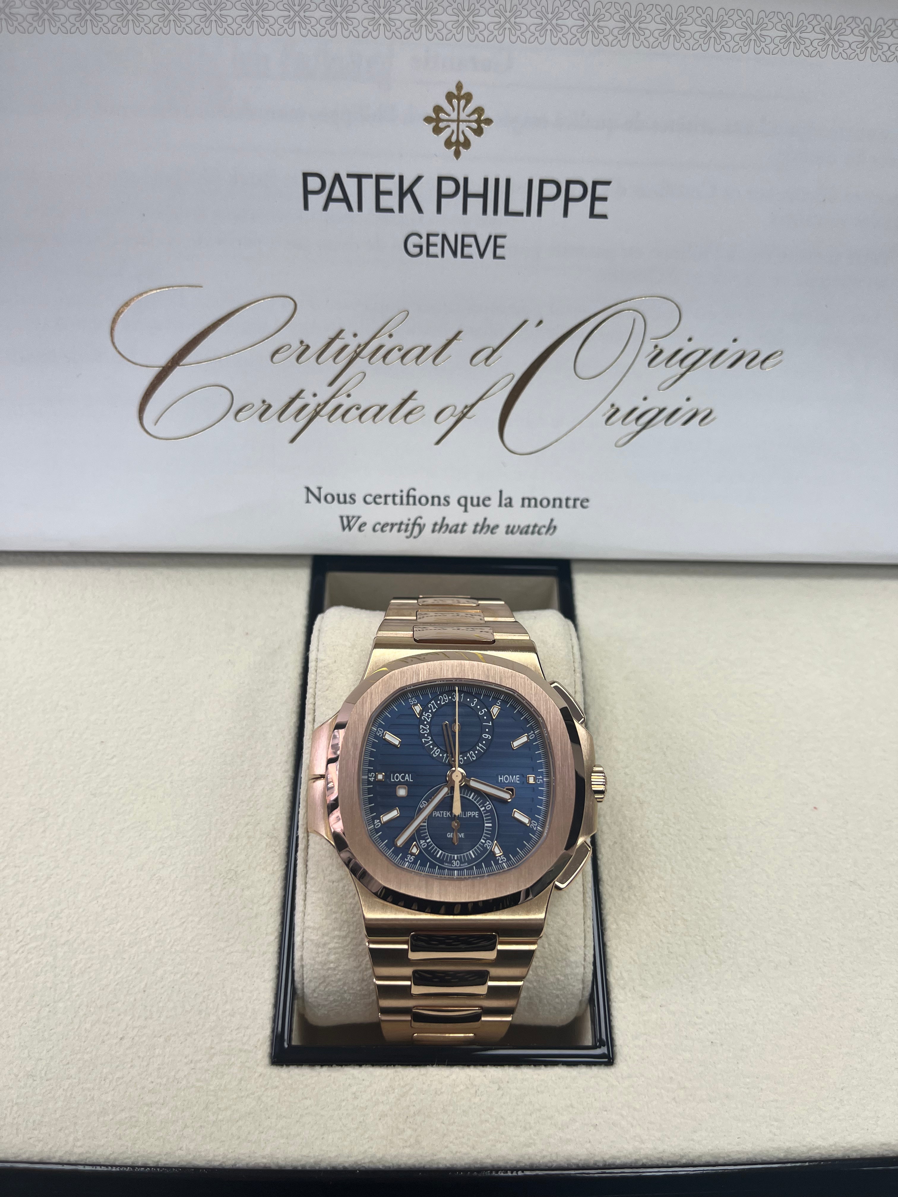 Patek Philippe Nautilus 5990/1R 001 Rose Gold Travel Time Chronograph Watch - Luxury Men's Automatic Timepiece for Business Travel & Formal Occasions