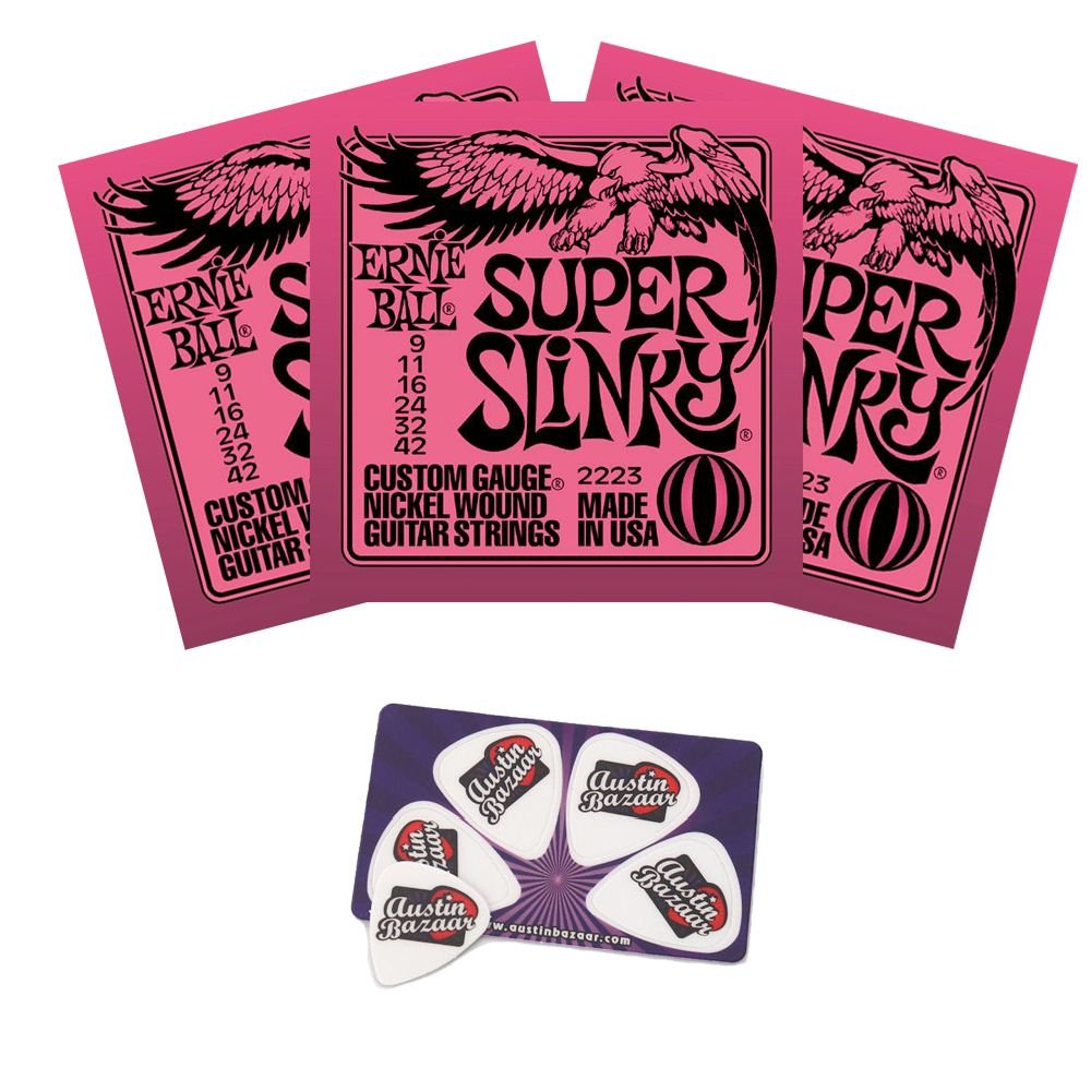 Ernie Ball 2223 Super Slinky Nickel Wound Electric Guitar Strings (9-42 Gauge) - 3 Pack with Free Picks - Perfect for Rock, Blues & Metal Players