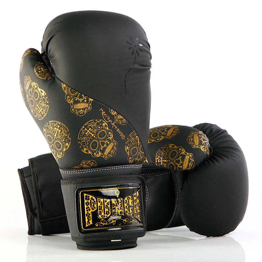 Premium 12oz Black Boxing Gloves with Urban Gold Skulls Design - Perfect for Training, Sparring, and Fitness Workouts