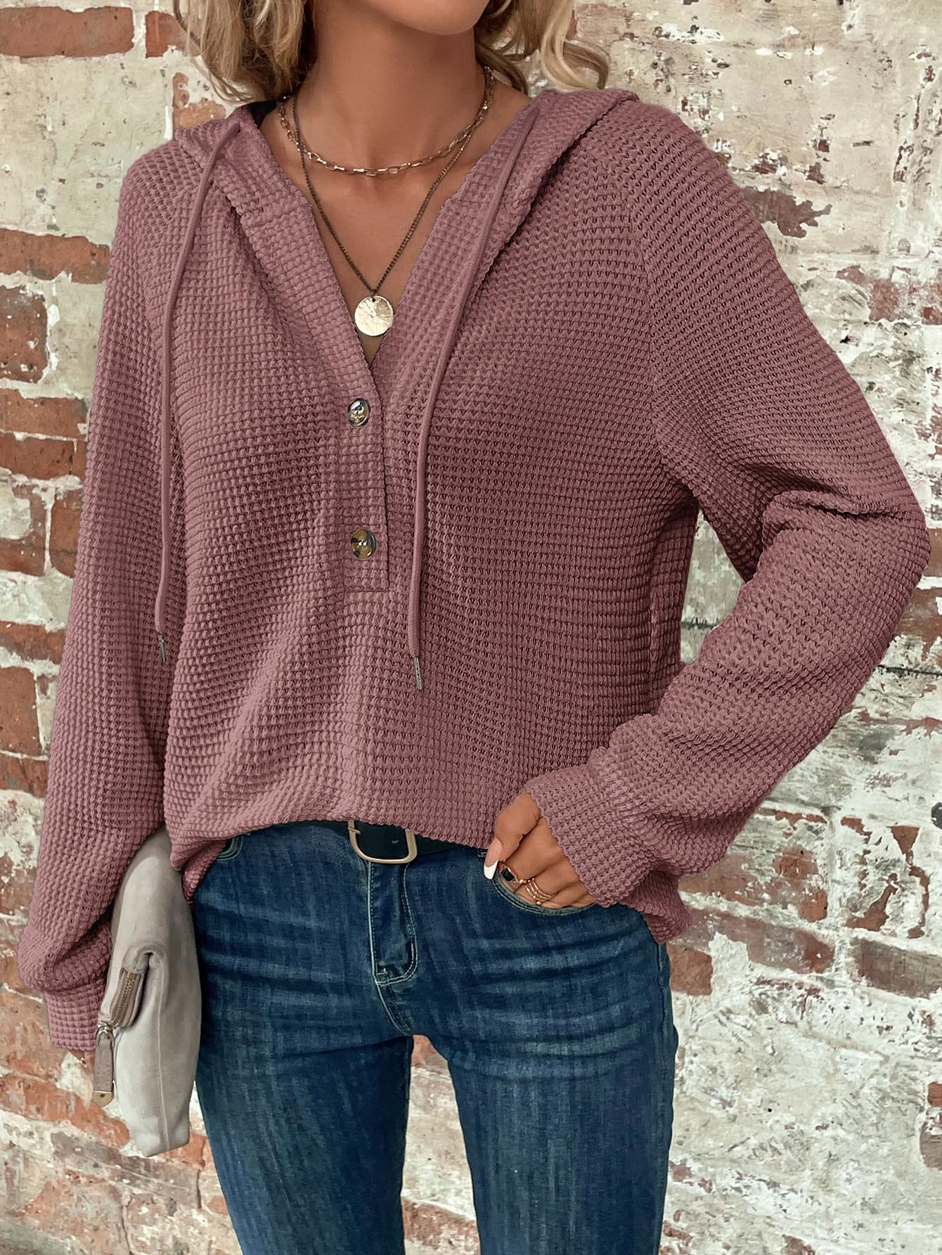WDIRARA Women's Oversized Hoodies - Soft Waffle Knit Sweatshirt with V-Neck & Button Front - Cozy Pullover for Casual Wear, Loungewear & Fall Fashion