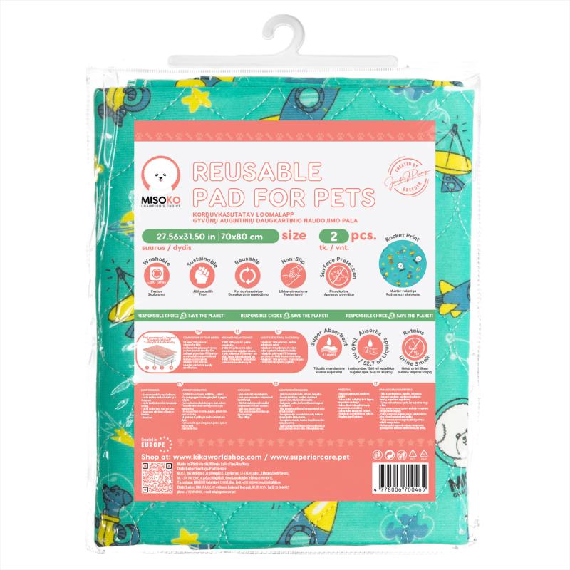 Misoko Reusable Pet Pads with Rockets Design - Mint Green, 2-Pack - Absorbent & Washable for Dogs, Cats, Puppies, and Kittens - Perfect for Training, Crate Lining, and Travel Use