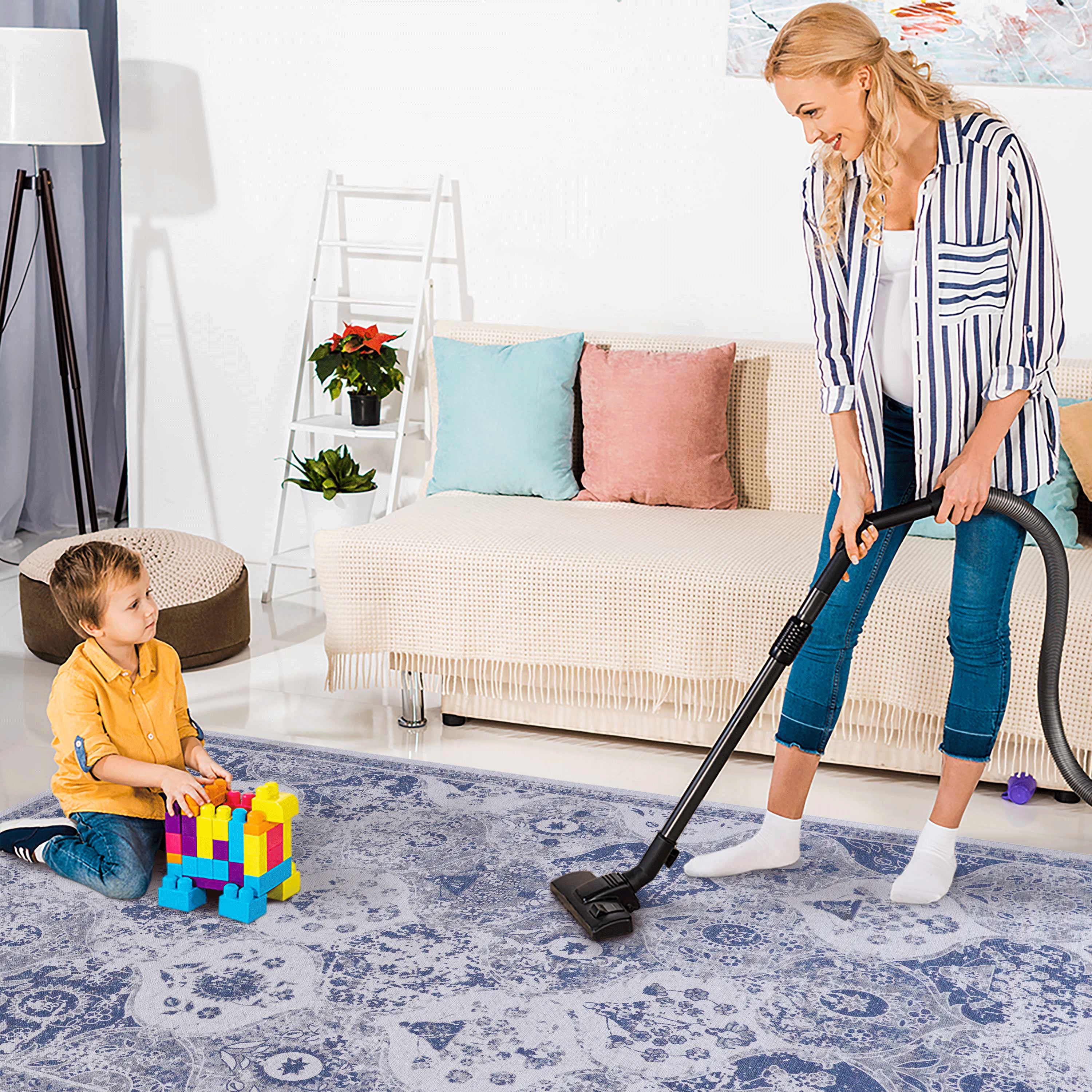 DTY Signature 6x9 Feet Blue Washable Area Rug - Low Pile Non-Slip Non-Shedding Foldable - Kid & Pet Friendly Living Room Bedroom Kitchen Rug - Perfect for Home Decor, Dorm, Office & High Traffic Areas (Blue, 6' x 9')