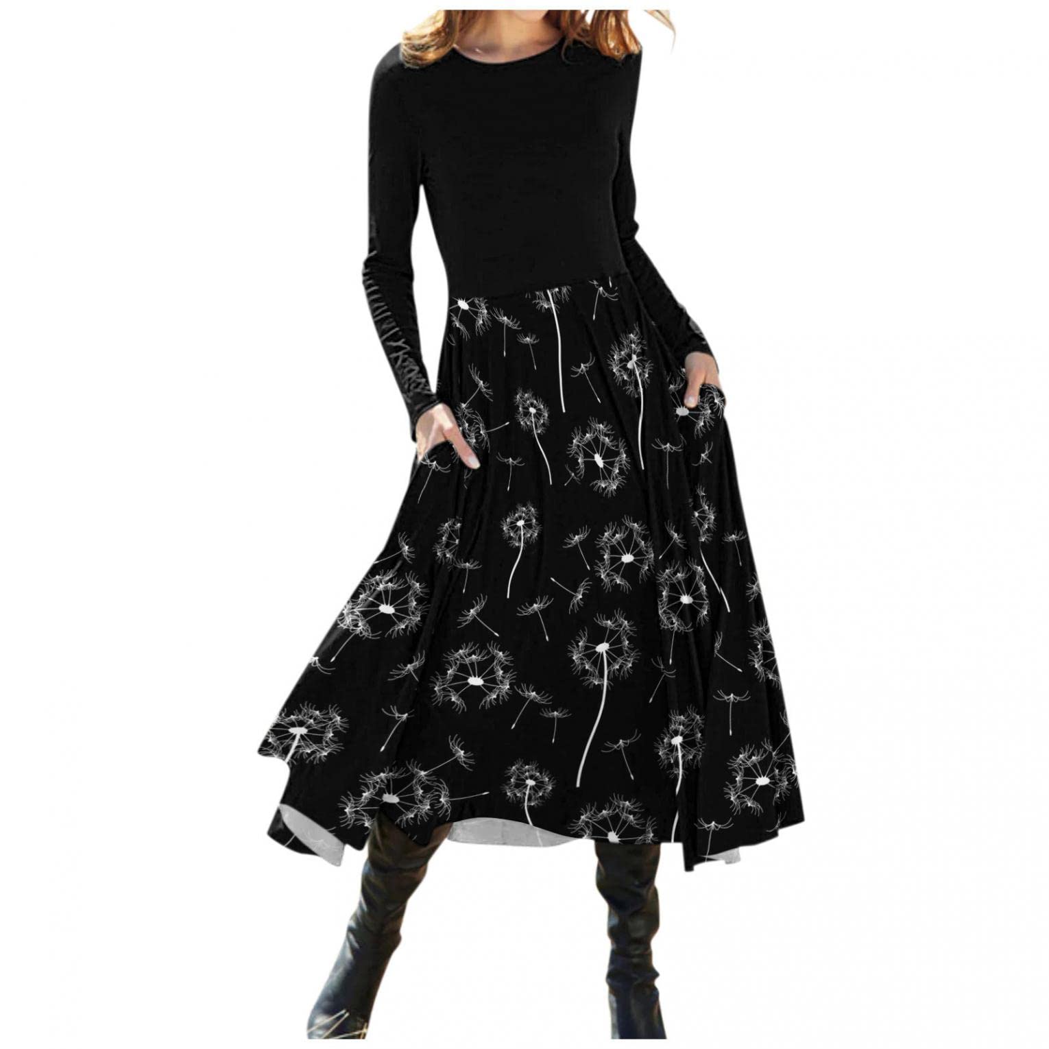 Women's Sexy Christmas Sweater Dress - Elegant Floral Vintage Midi Dress with Long Sleeves & Crew Neck | Perfect for Holiday Parties, Office Wear & Casual Outings (Black)