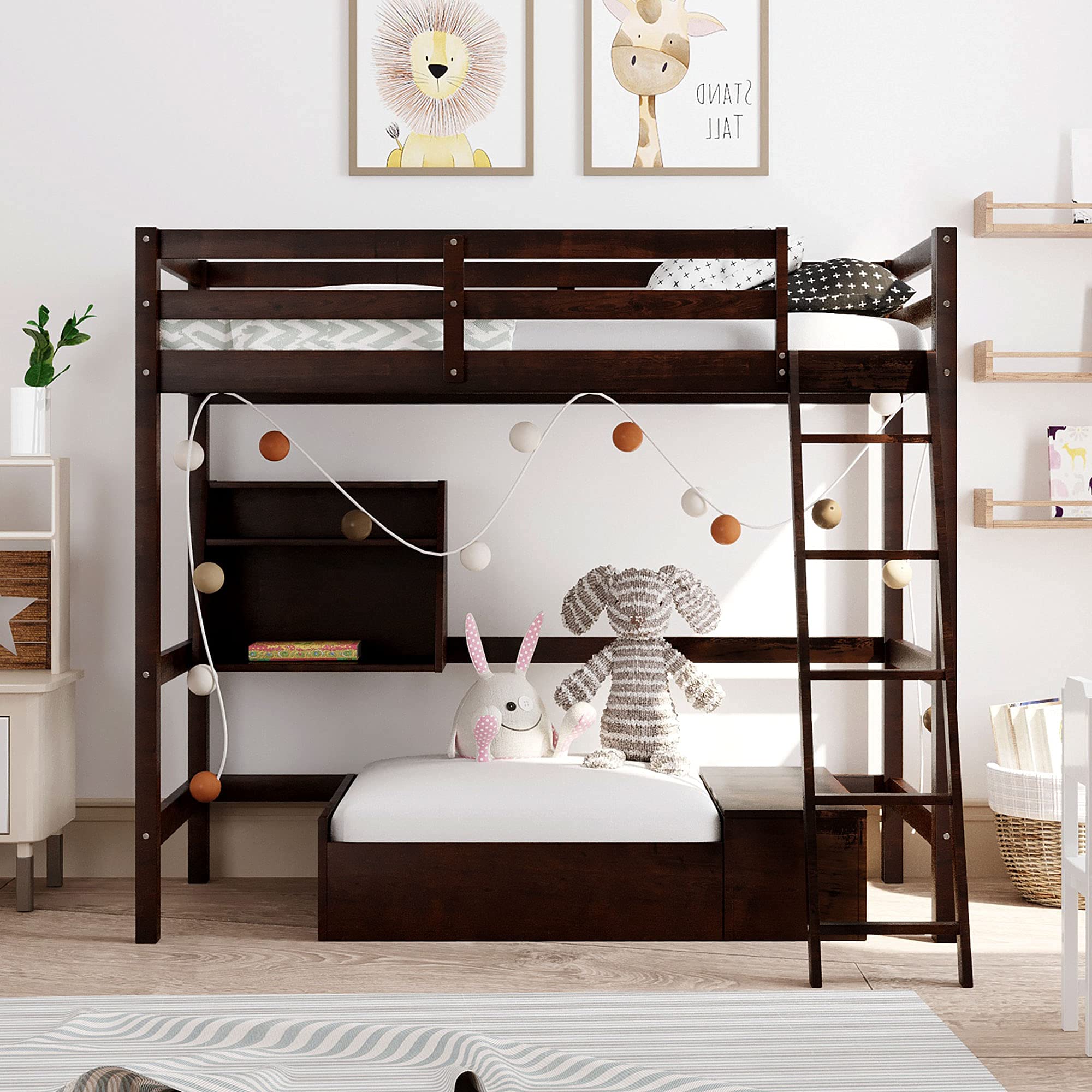 **Solid Wood Twin Loft Bed with Convertible Lower Bed & Storage - Multifunctional Loft Bed Frame with Drawer, Shelf, Ladder & Safety Rail for Kids, Teens & Adults (Espresso & Wood) - Perfect for Small Bedrooms, Dorms & Guest Rooms**