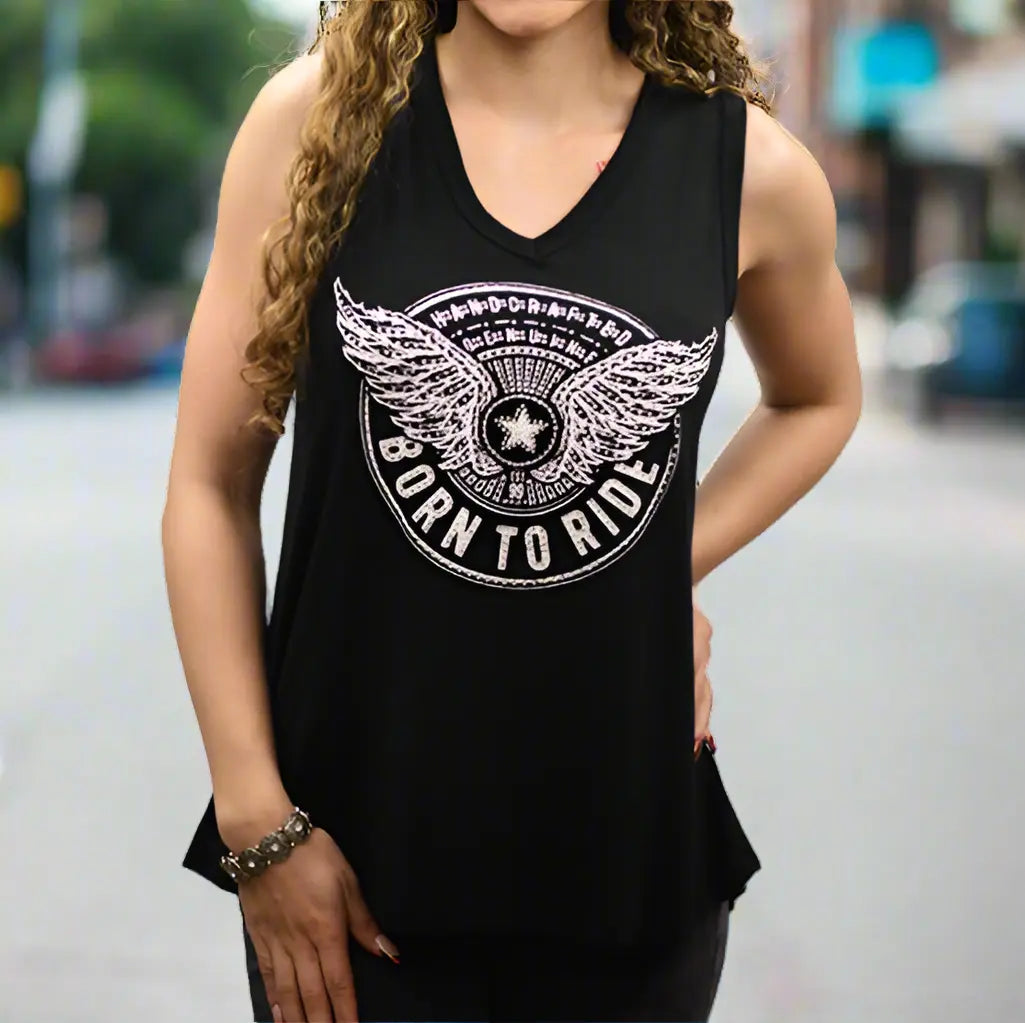 Born to Ride Tank Top - Star & Wings Graphic with Lace Back Details - Women's Fashion Tee for Motorcycle Riding, Concerts & Casual Wear