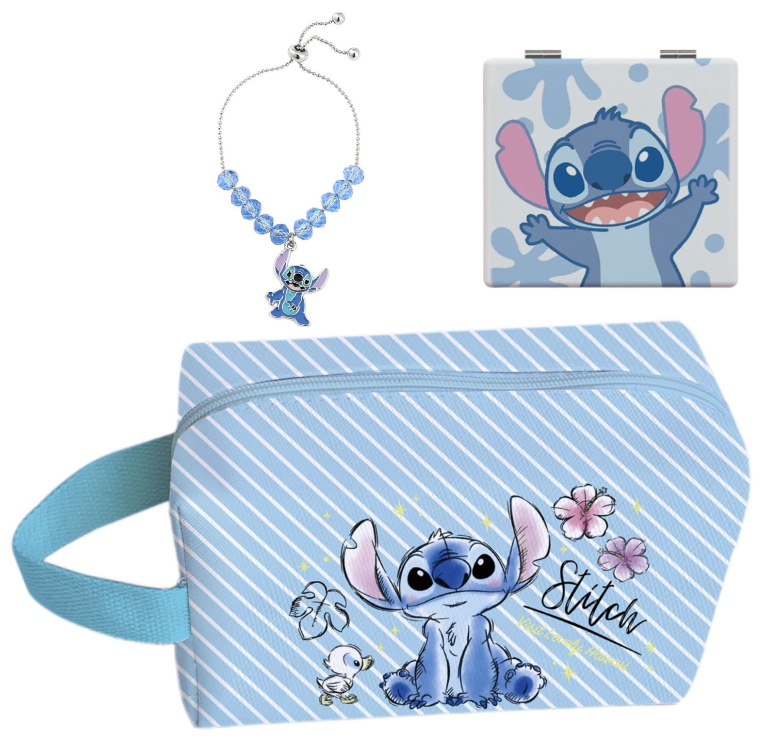 Stitch Cosmetic Bag with Mirror & Bracelet - Large PU Travel Organizer for Women & Girls - Perfect Gift for Makeup Lovers