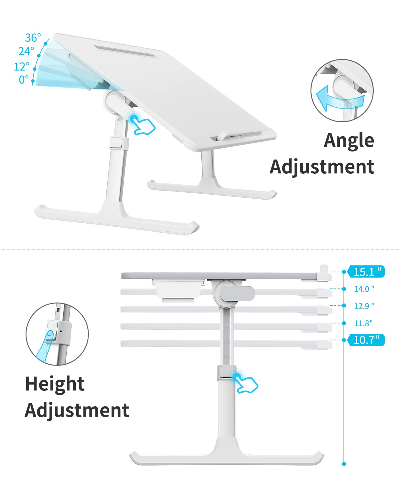 SAIJI Adjustable Laptop Bed Tray Table - Foldable Bed Desk with Storage Drawer for Eating, Working, Writing, Gaming & Drawing - White X-Large - Perfect for Home Office, Dorm Room & Bedside Use