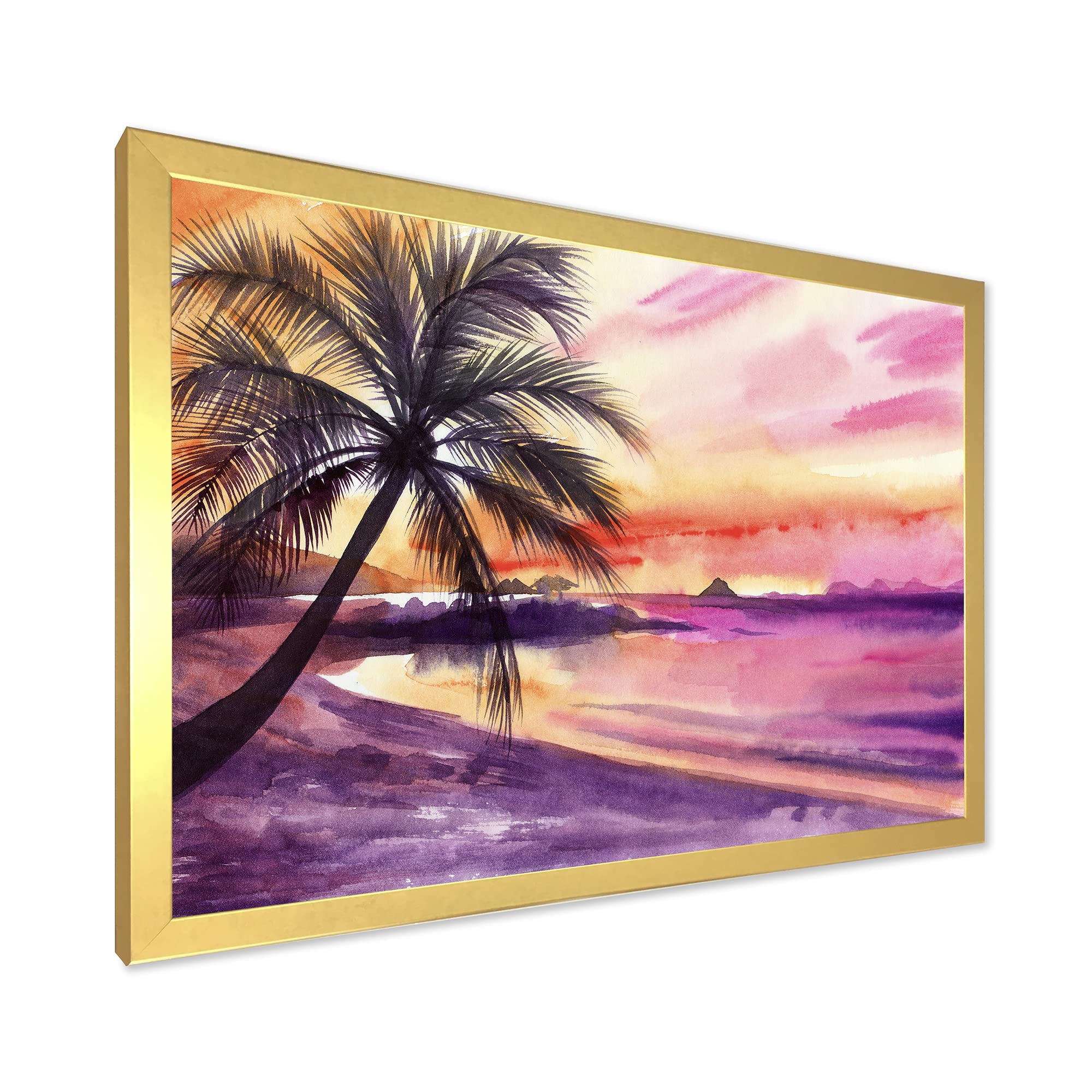 DesignQ Pink and Purple Palm Beach Sunset Nautical Coastal Framed Wall Art - Perfect for Beach House Decor, Living Room, Bedroom & Office Wall Decor