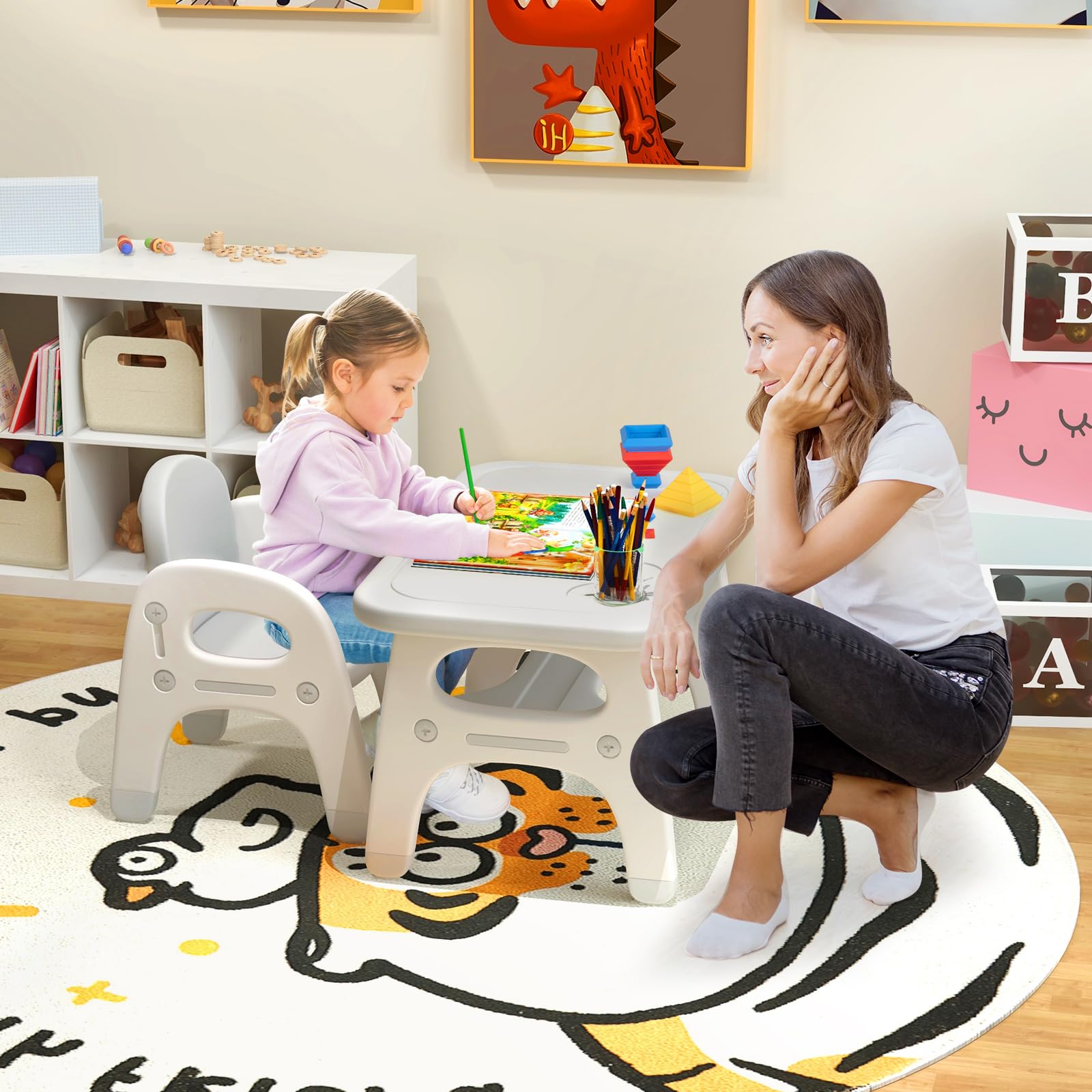 Costzon Kids Table and Chair Set - Dinosaur Themed Toddler Activity Desk with Storage Rack & Montessori Building Blocks | Sturdy Children's Furniture for Art, Play & Learning | Perfect for Daycare, Preschool & Home Playroom (Gray)