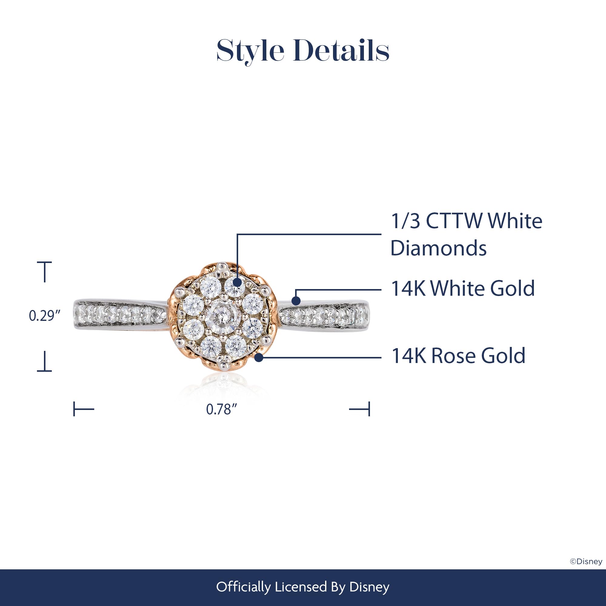 Jewelili Enchanted Disney Belle Rose Bridal Ring - 14K White Gold & Rose Gold, 1/3 Cttw Diamond Composite - Perfect for Weddings, Engagements & Disney Princess-Inspired Jewelry Collections