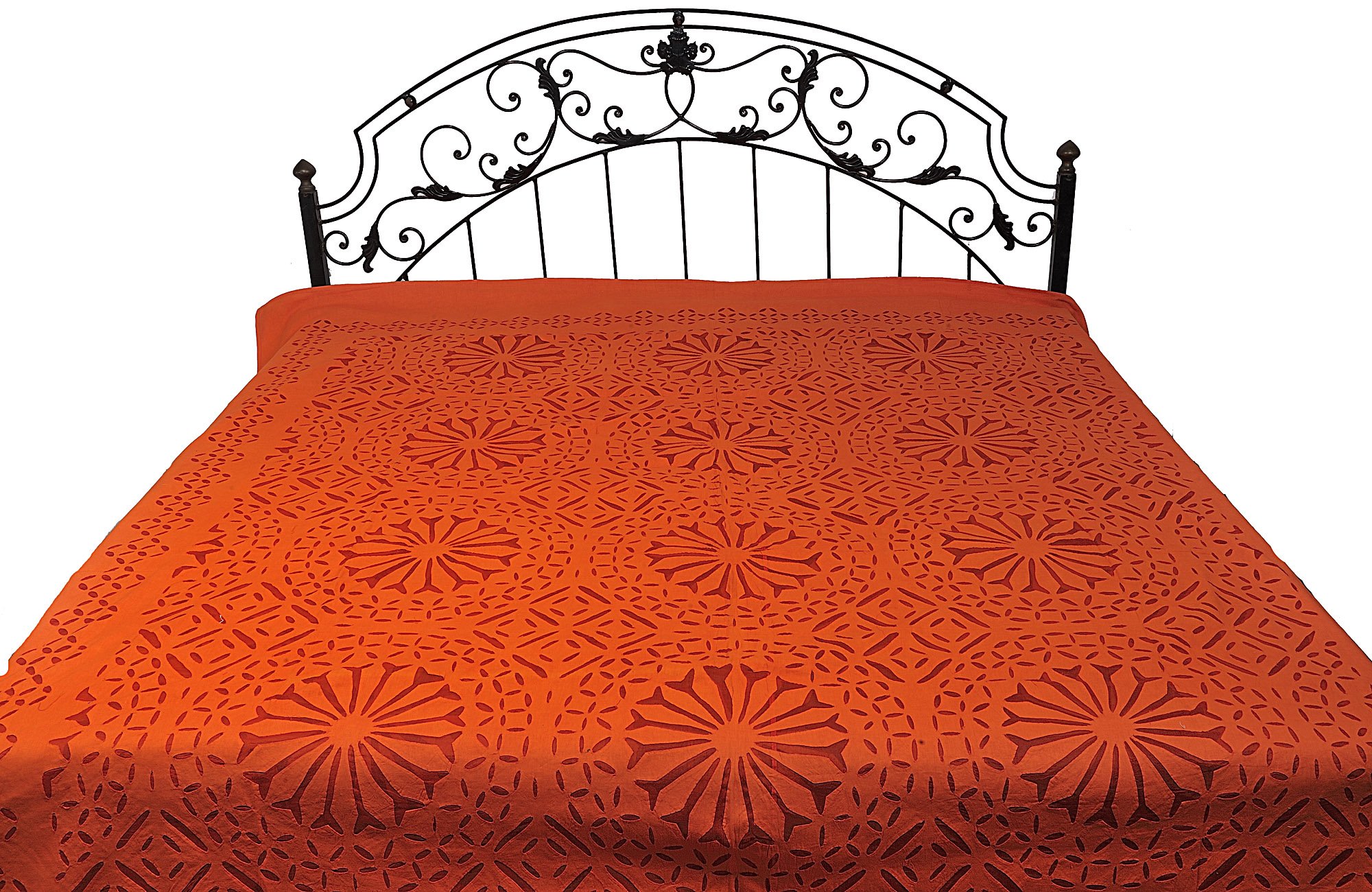 Stonewashed Cotton Bedspread with Floral Applique - Vibrant Orange Queen Size - Soft & Breathable Bed Cover for Master Bedroom, Guest Room & Dorm Decor