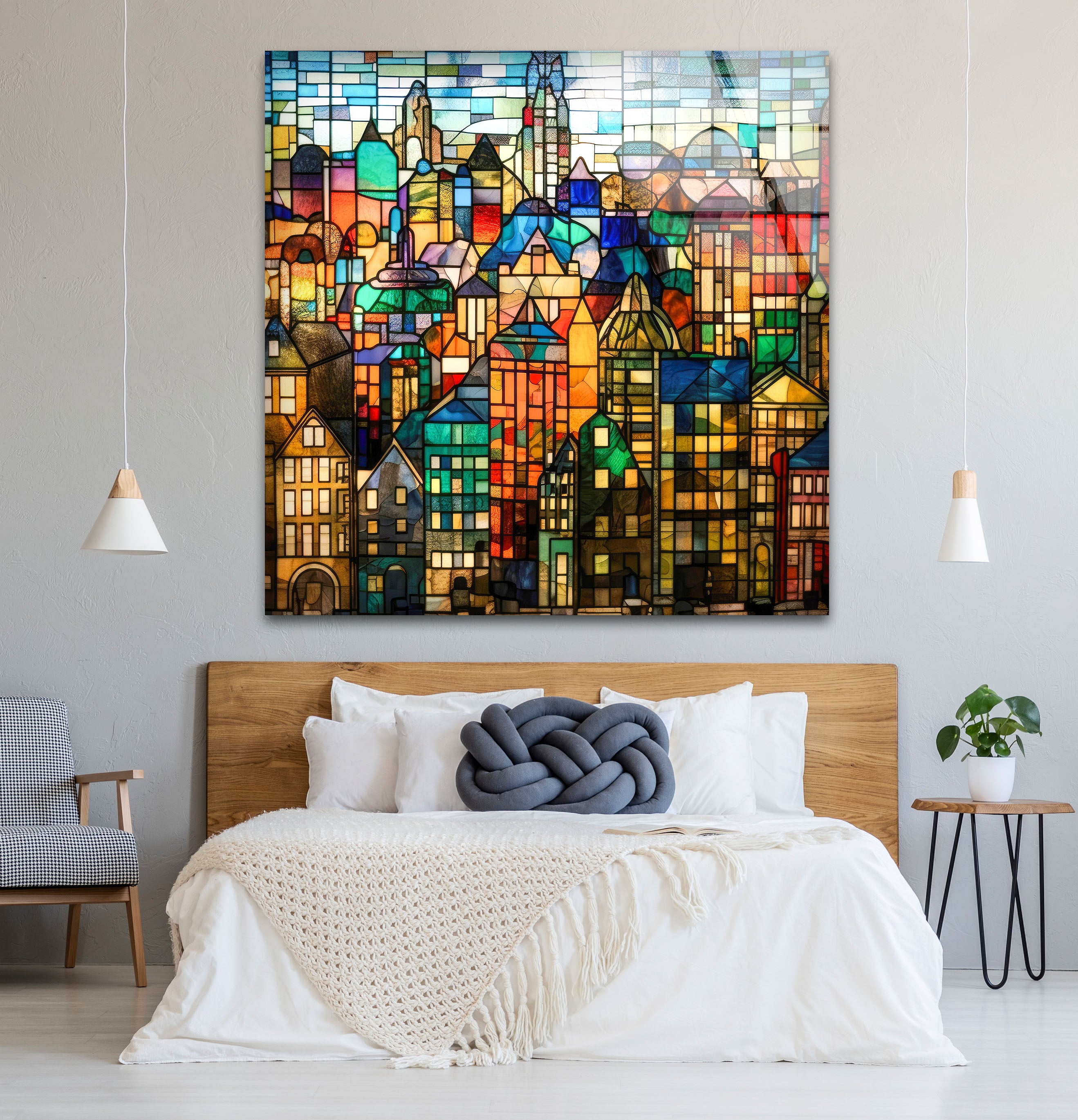 Vibrant Stained Glass City Skyline Wall Art - Modern Urban Landscape Glass Print for Home & Office Decor | Perfect for Living Room, Bedroom, or Office Wall Decor