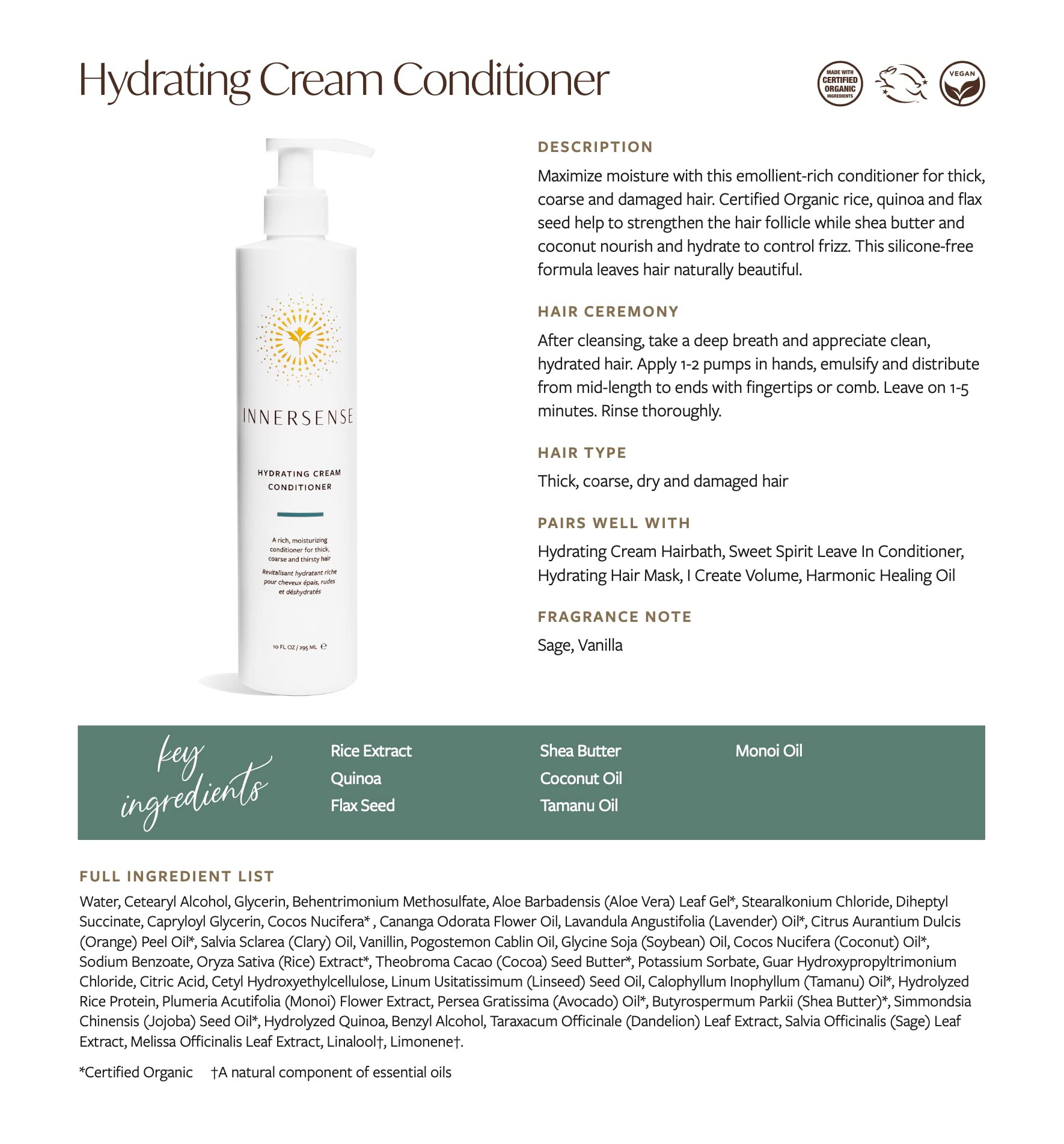 INNERSENSE Organic Beauty Hydrating Hairbath Shampoo & Cream Conditioner Set - 10oz | Natural, Non-Toxic, Cruelty-Free, Vegan Hair Care for Dry, Damaged Hair | Perfect for Daily Moisturizing & Color-Treated Hair