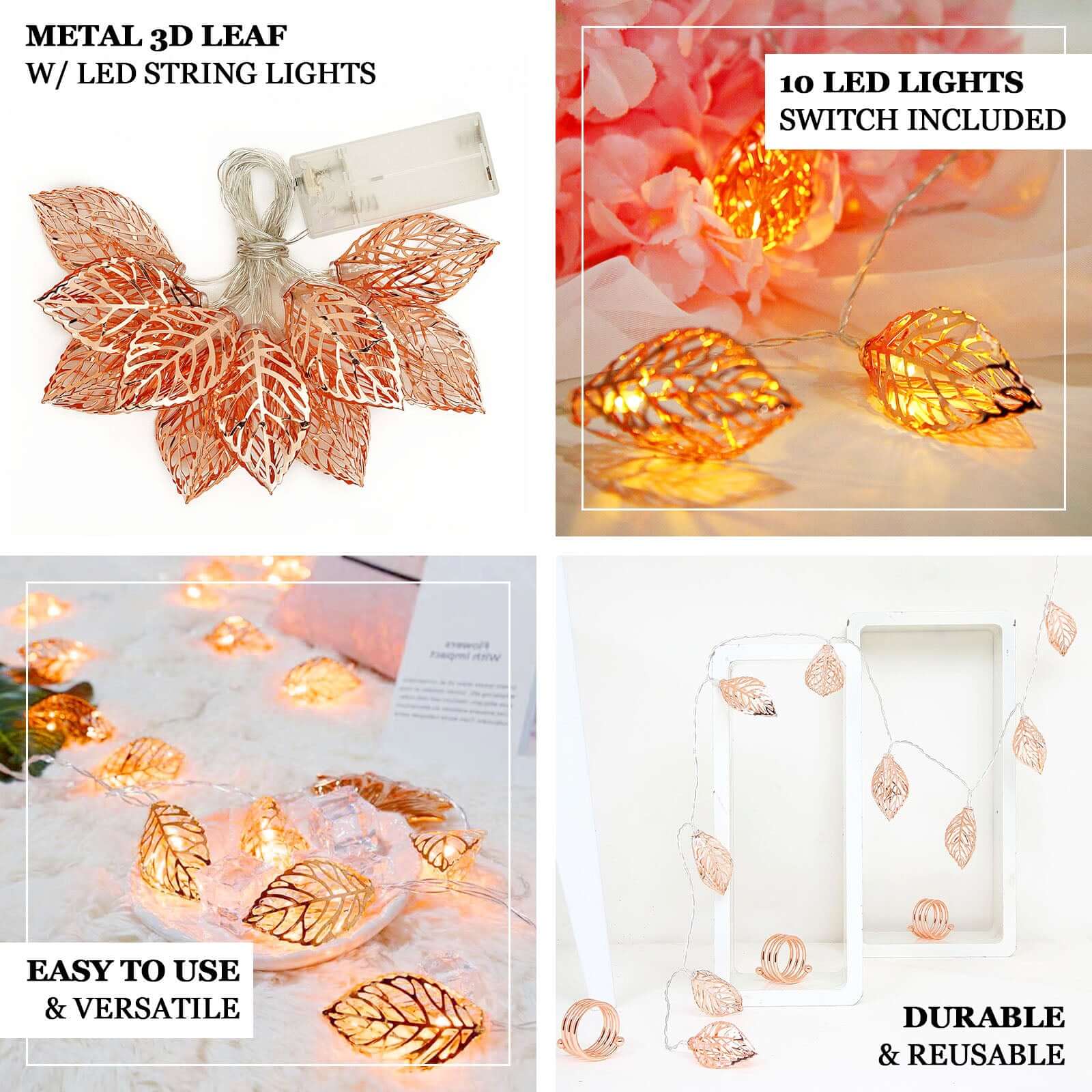10 LED Fairy String Lights - Rose Gold Leaves Design, Warm White Battery Operated Garland for Bedroom, Wedding, Party Decor (5ft) - Indoor/Outdoor Decorative Lighting
