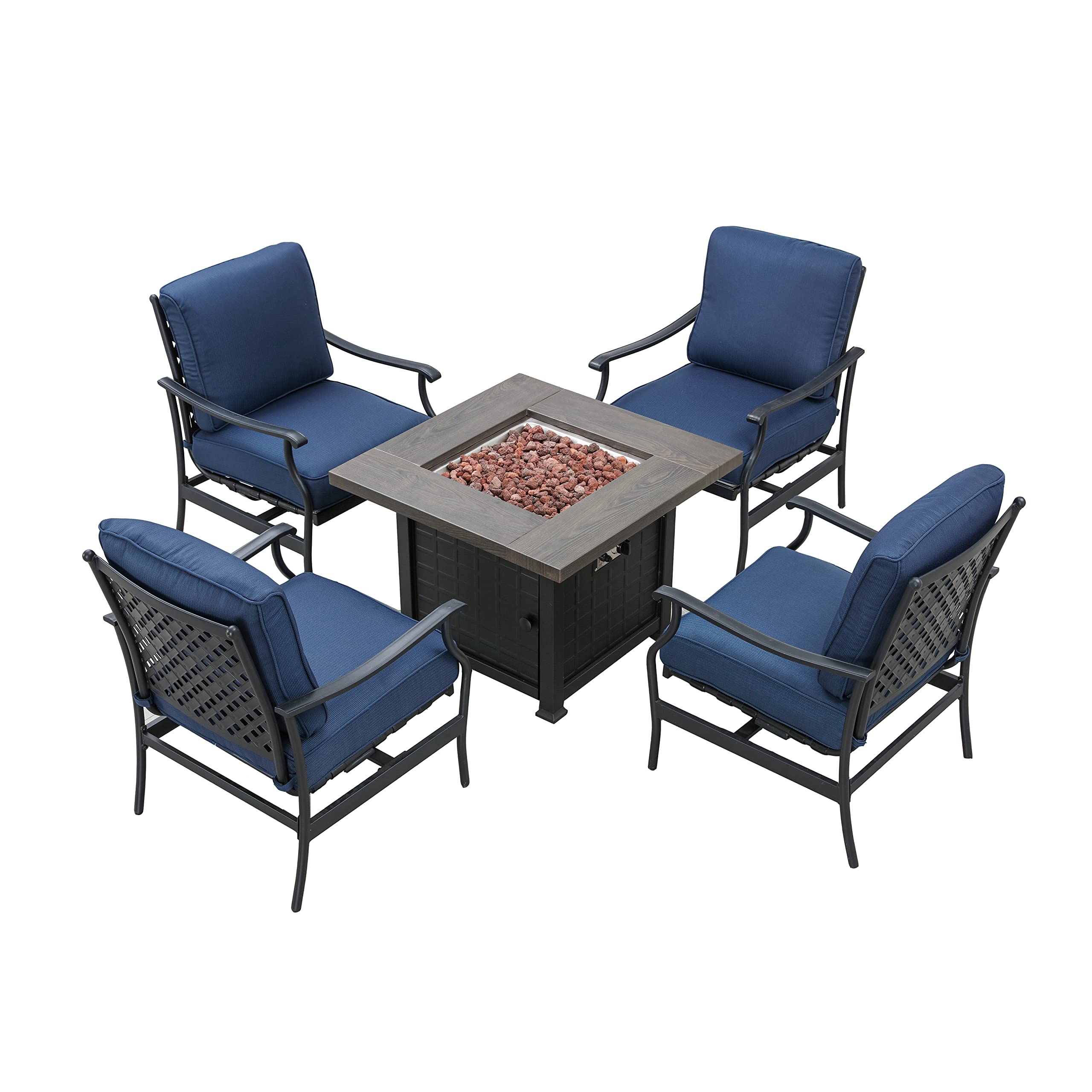 LOKATSE HOME 5-Piece Outdoor Patio Furniture Set with Square Fire Pit Table, Arm Chairs & Cushions - Blue - Perfect for Backyard, Garden, Poolside & Outdoor Entertaining