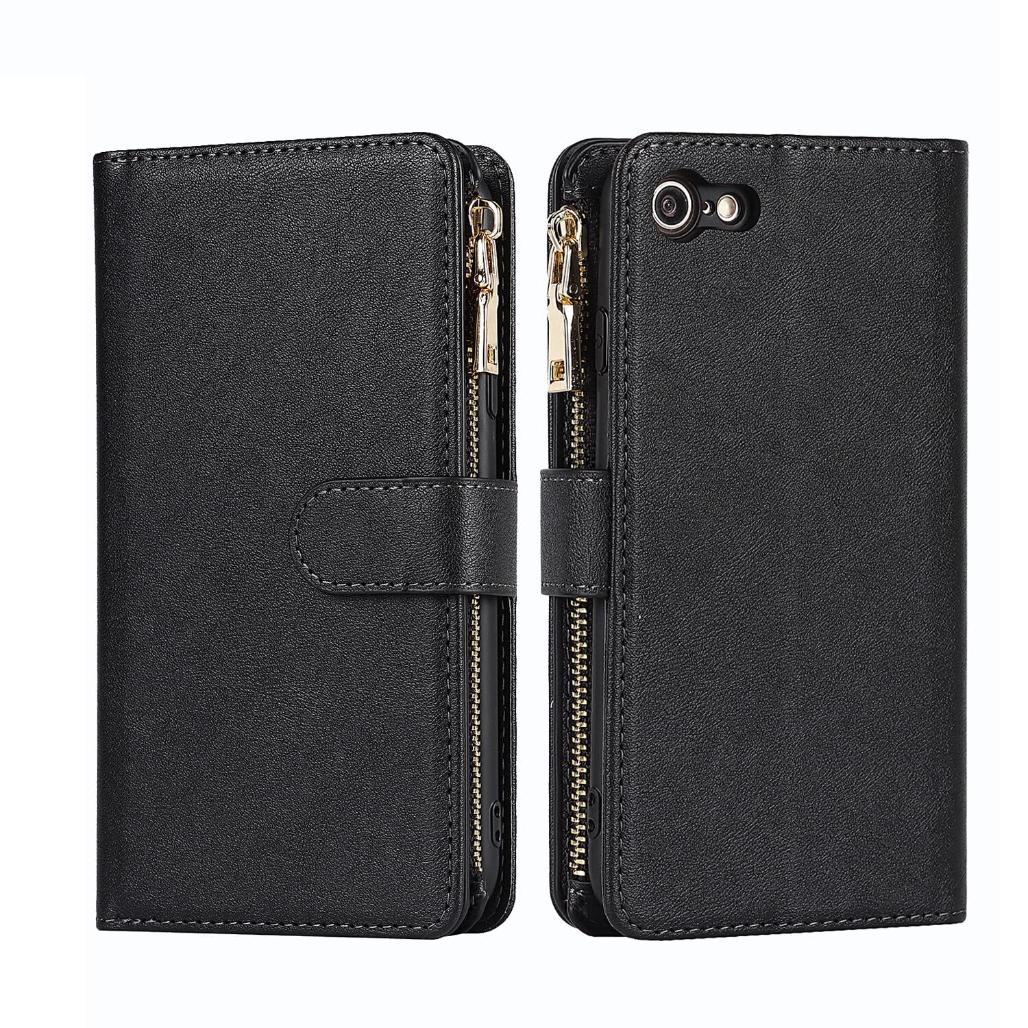 Premium Leather Magnetic Wallet Case for iPhone SE/8/7 - RFID Blocking Card Holder with Strap Stand - Slim Protective Cover for Men & Women - Perfect for Travel, Work & Everyday Use (Black)