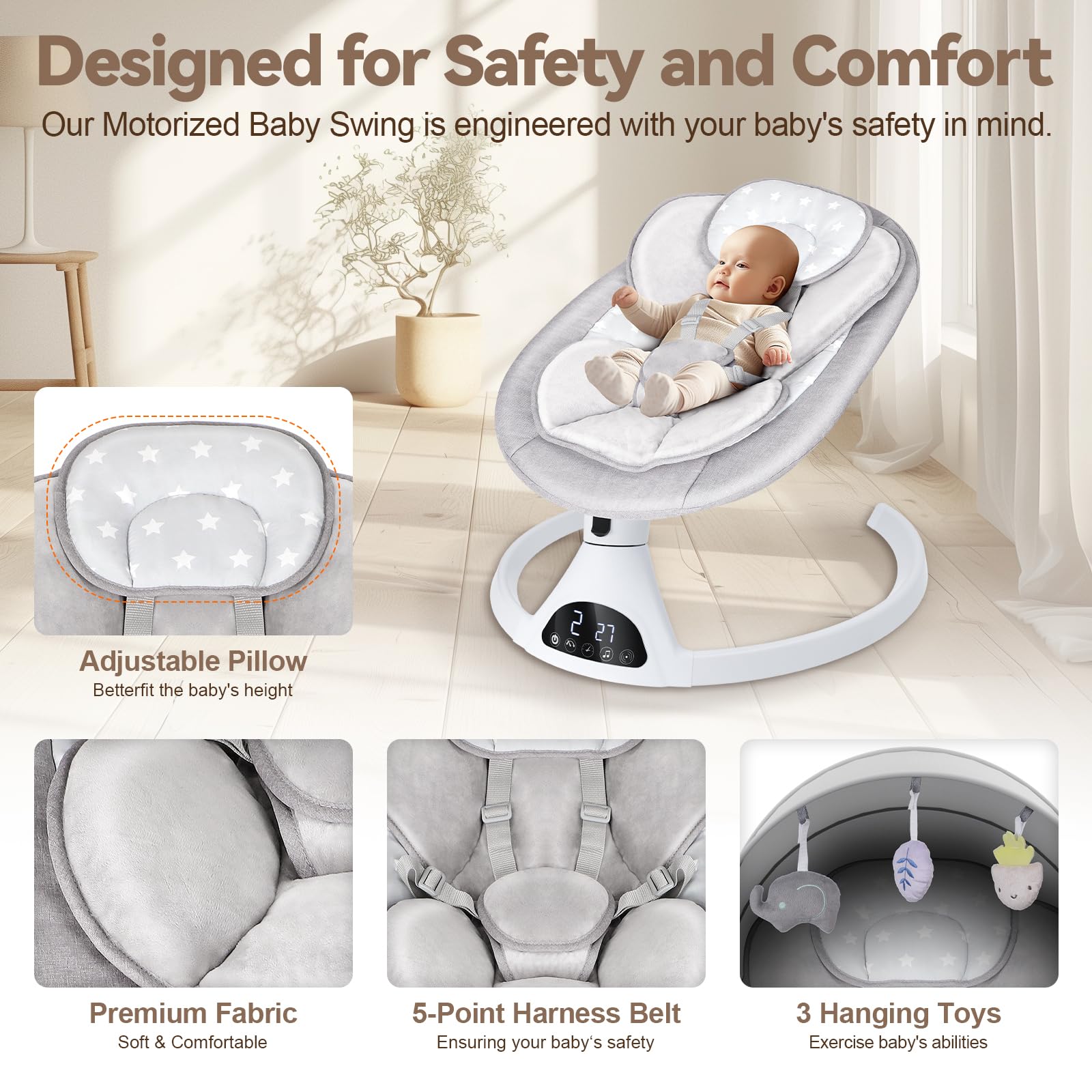 Omzer Electric Baby Swing for Infants - Bluetooth Enabled Remote Control with Music Speaker, Timer & 5 Speed Settings | Soothing Rocking Motion for Newborns to Toddlers | Perfect for Nursery, Daycare & Travel Use
