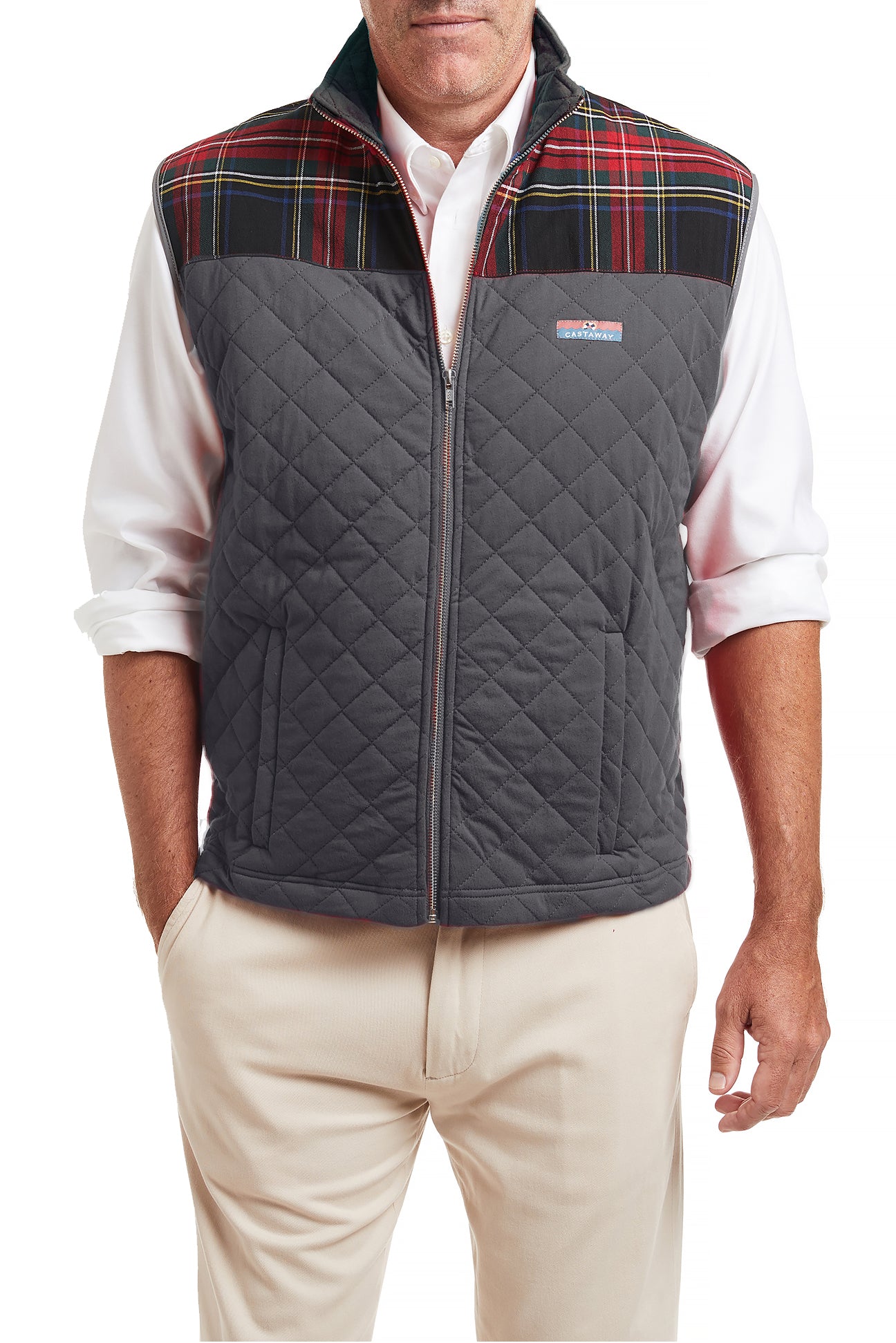 Men's Cross Rip Quilted Vest in Charcoal with Black Stewart Trim - Warm Insulated Hunting & Outdoor Jacket for Fall Winter Camping Hiking