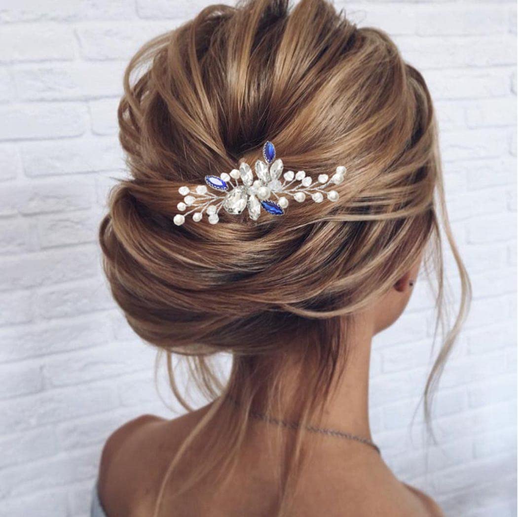 Blue Rhinestone Wedding Hair Comb - Silver Bridal Hair Accessories for Women | Elegant Decorative Hairpiece for Brides, Prom, Formal Events & Special Occasions (Style 3)