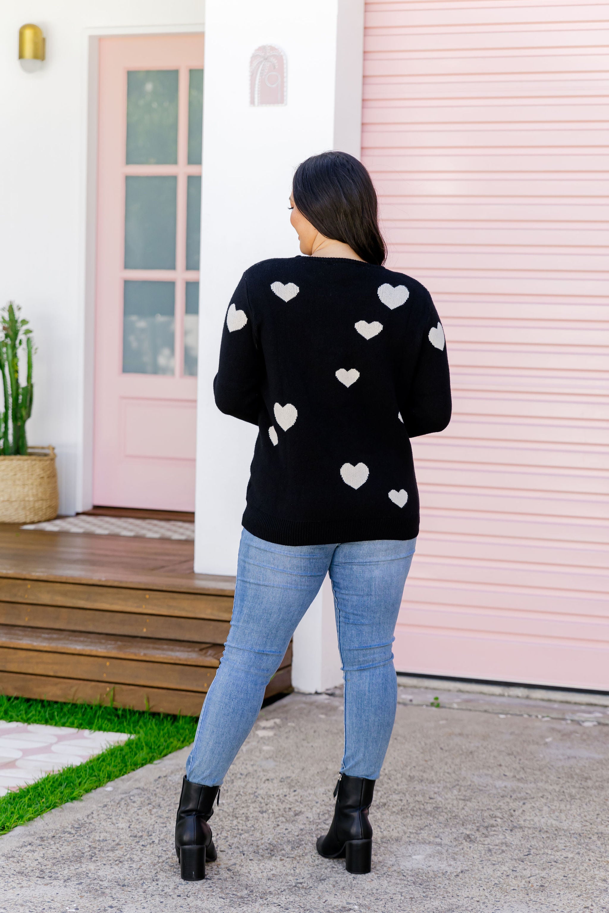 Amor Knit Jumper Women's Black Sweater with Cream Heart Pattern - Cozy Winter Pullover for Casual Outfits & Date Nights