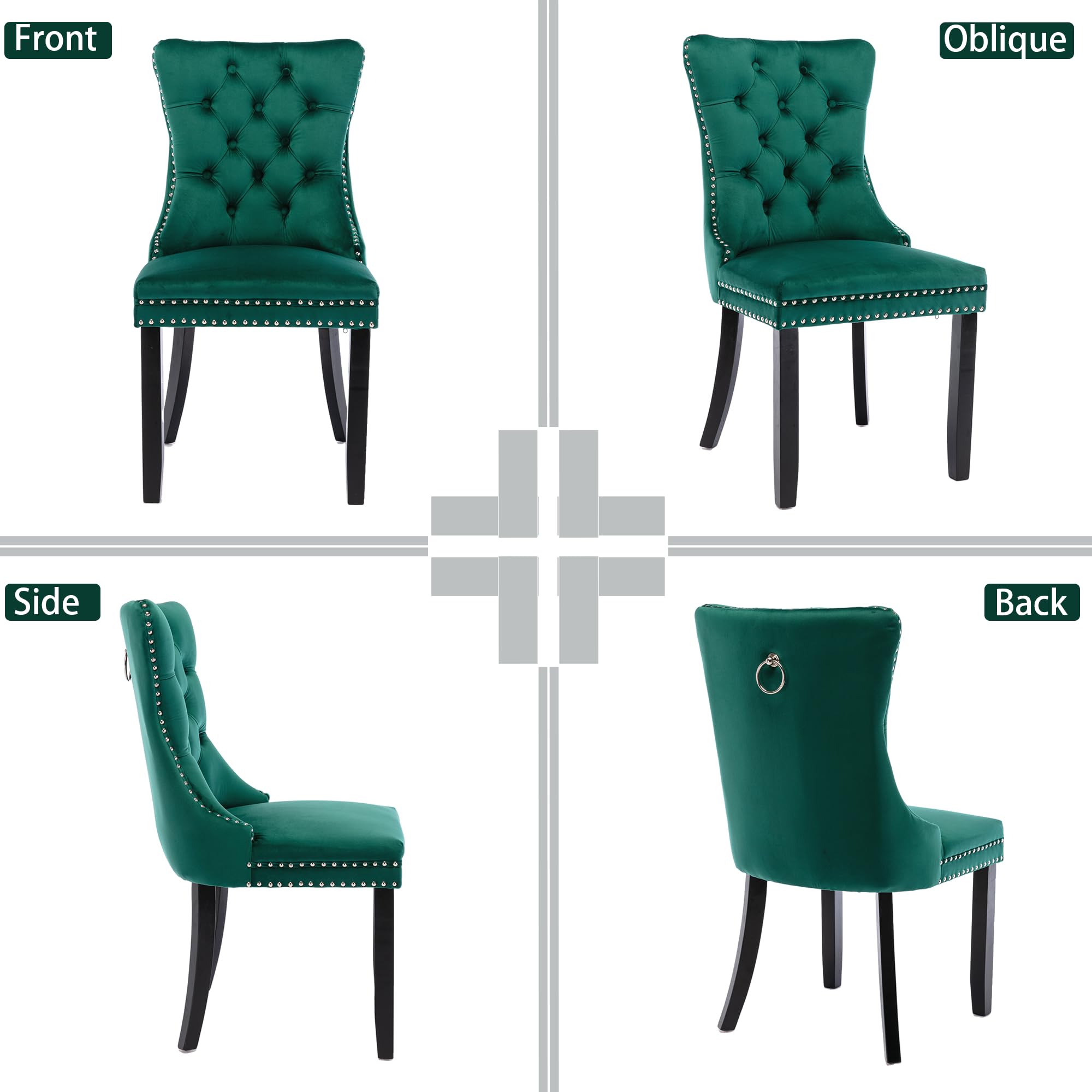 Rhomtree Set of 2 Velvet Dining Chairs - Luxury Tufted Back with Nailhead Trim, Solid Rubber Wood Legs - Emerald Green Accent Chairs for Kitchen, Dining Room & Home Decor