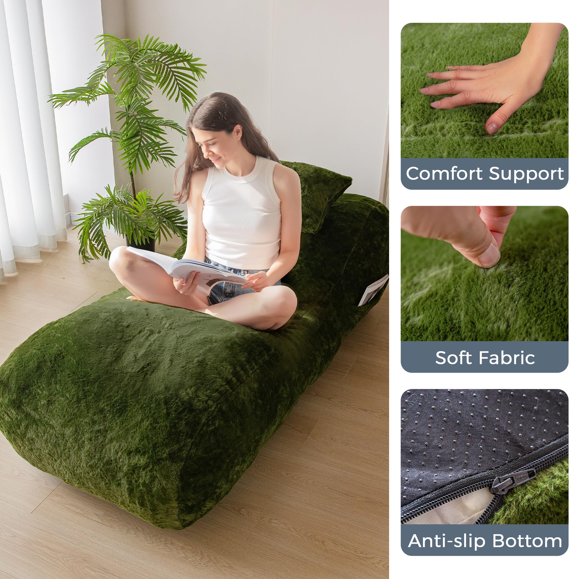 MAXYOYO Green Bean Bag Bed with Pillow - Oversized Chaise Lounge Chair for Indoor Use | Perfect for Living Room, Bedroom & Game Room Relaxation