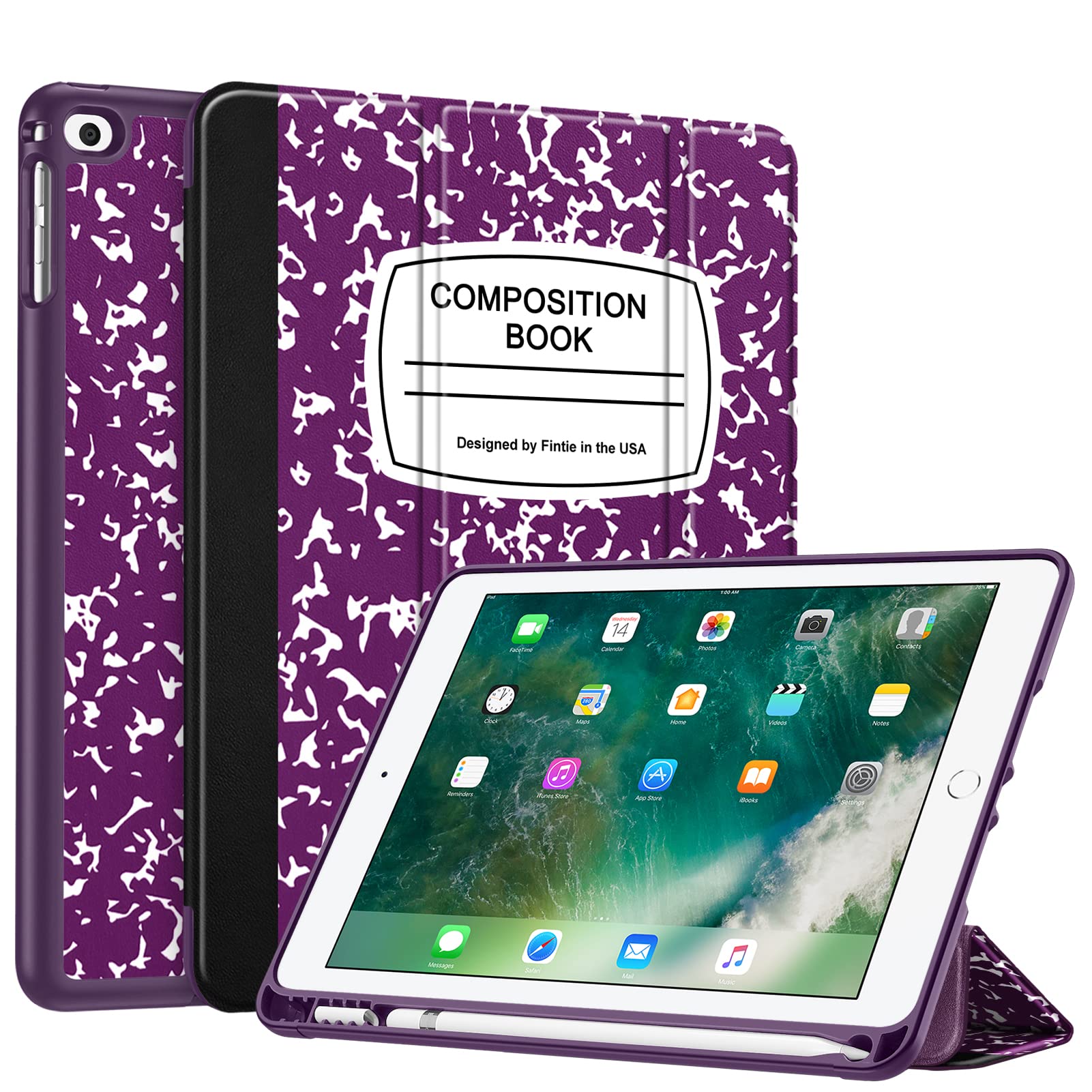 Fintie SlimShell Protective Case for iPad 6th/5th Generation (2018/2017), iPad Air 2/Air 1 (9.7 Inch) - Lightweight TPU Back Cover with Auto Wake/Sleep & Built-in Apple Pencil Holder, Composition Purple - Perfect for Work, School & Travel