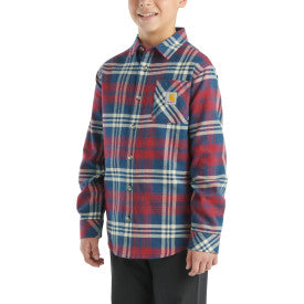 Youth Boys Long Sleeve Flannel Button Down Shirt - Dark Denim Blue - Casual School & Outdoor Wear for Teens
