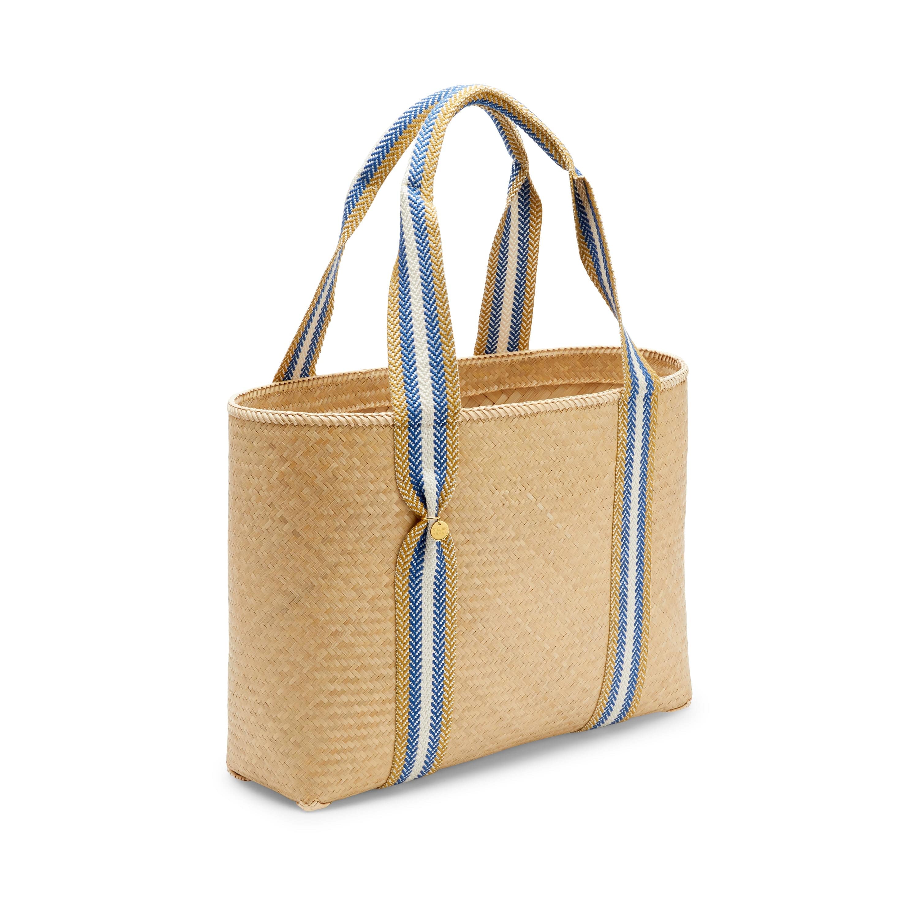 Eco-Friendly Mentawai Handwoven Bamboo Vegan Tote Bag - Medium Size, Blue Stripe Design | Perfect for Beach, Shopping & Sustainable Fashion