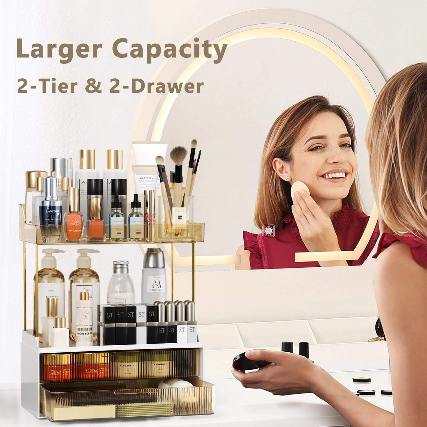 4-Tier Bathroom Organizer with 2 Drawers - Countertop Storage Shelf for Makeup, Skincare & Vanity Essentials - Space-Saving Dressing Table Organizer for Bedroom, Bathroom or Closet