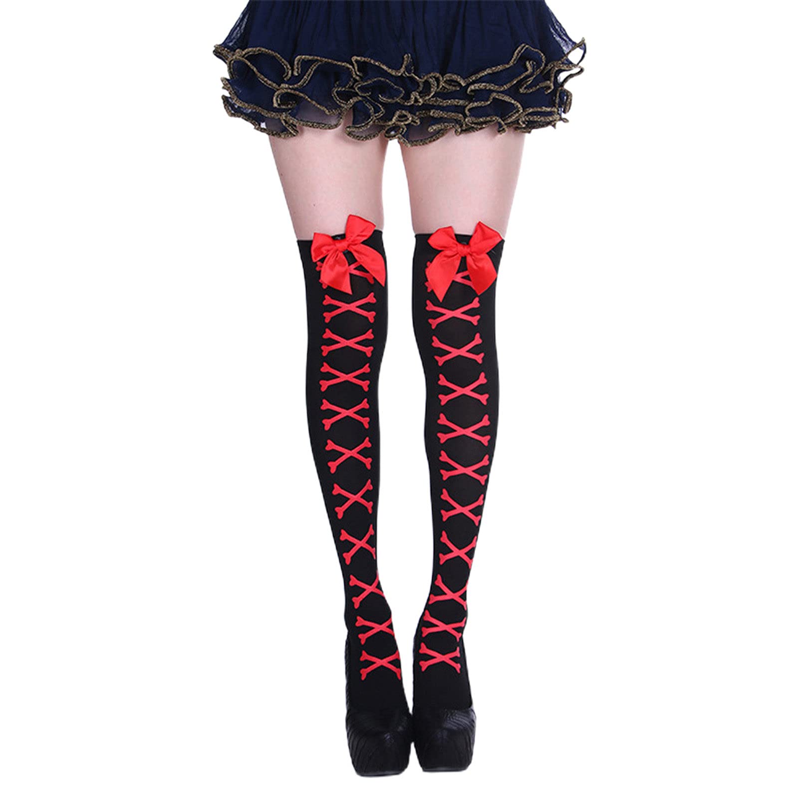 Halloween Stockings for Women - 1 Pair Scary Cosplay Stockings with Candy Color Bowknot & Sweat Absorb Design | Perfect for Halloween Costumes, Cosplay Parties & Themed Events