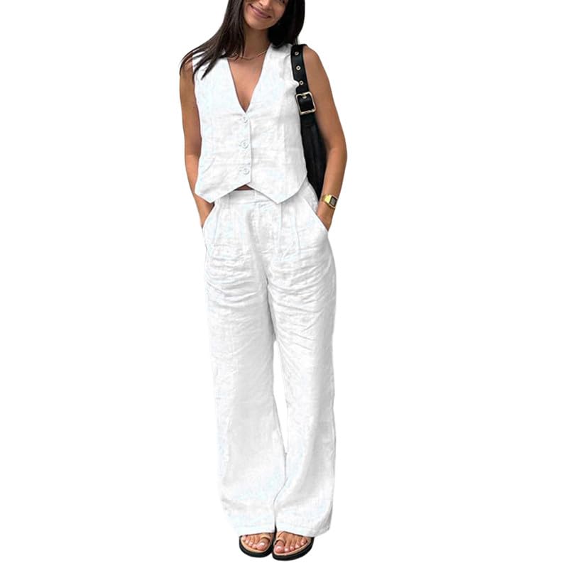 Women's Cotton Linen 2-Piece Suit Set - V-Neck Button Crop Vest & Wide Leg Pants, Casual Blazer Matching Outfit for Work, Office, and Summer Travel