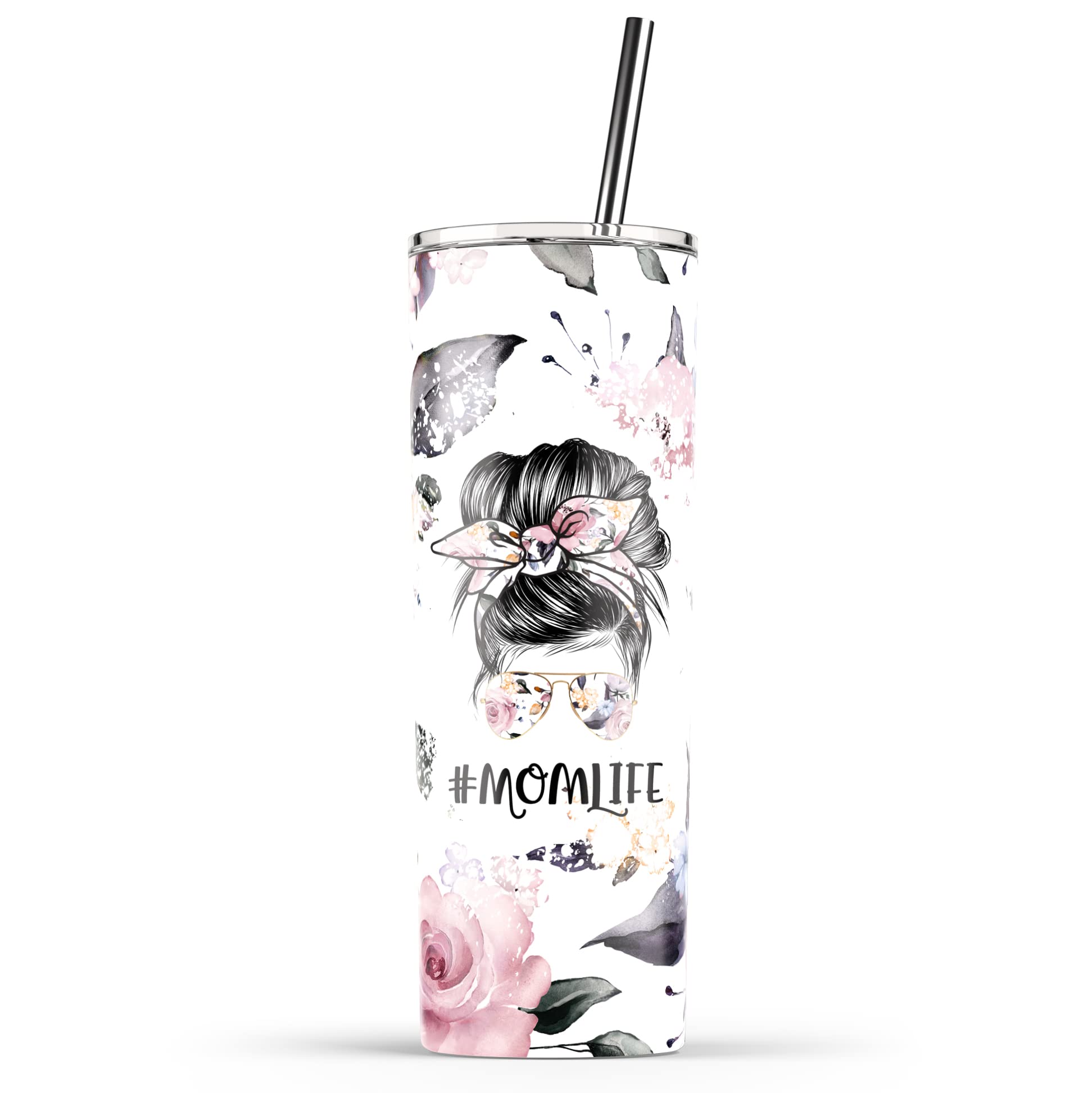 Floral Mama Tumbler 20oz - Insulated Stainless Steel Skinny Coffee Cup with Straw & Lid - Leakproof Travel Mug for Women - Perfect for Mom Life, Iced Tea & Hot Drinks at Work, Gym or Outdoors