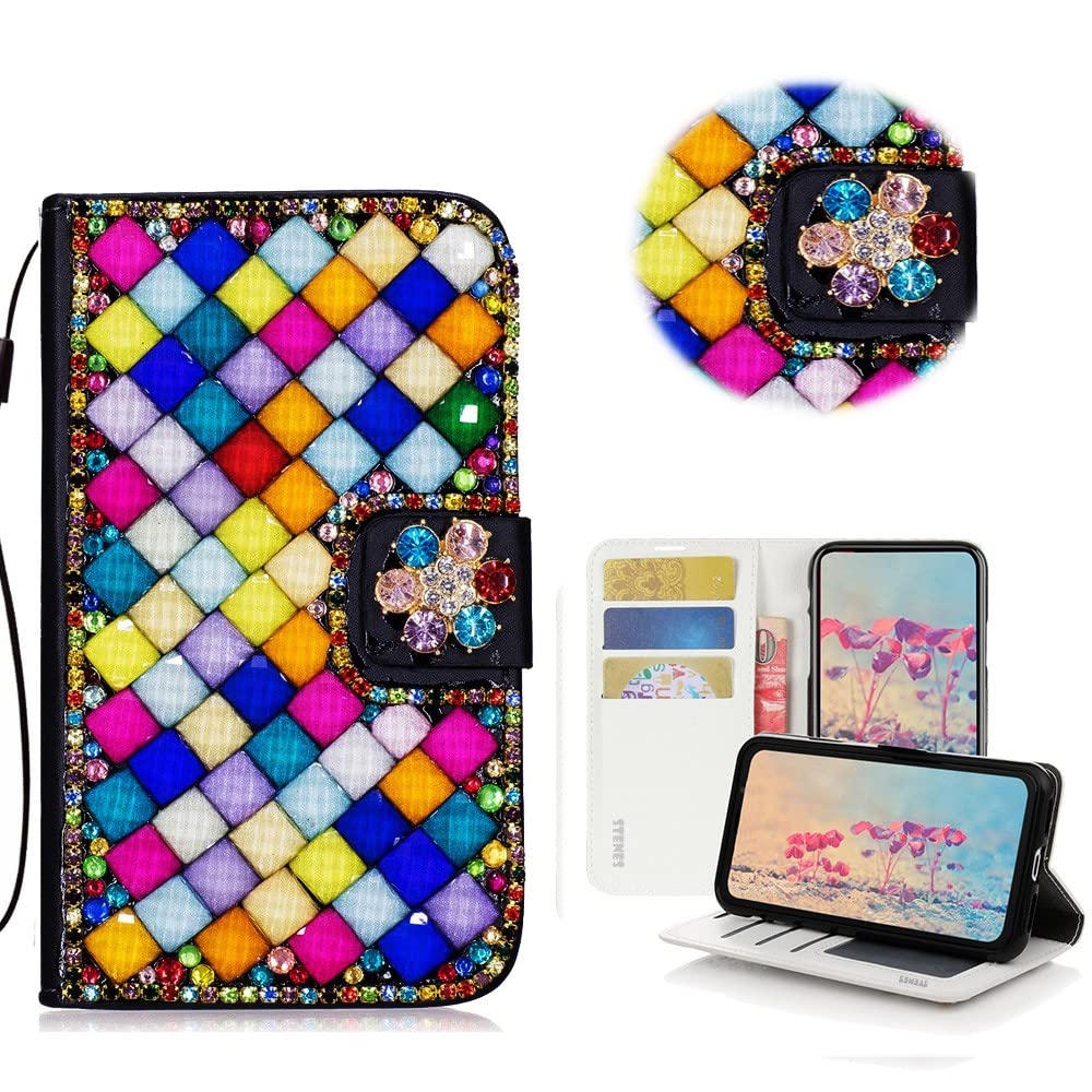 STENES Bling Wallet Phone Case for iPhone 12 Mini 5.4 Inch (2020) - 3D Handmade Lattice Bowknot Magnetic Leather Cover with Stand - Stylish Deep Multicolor Design - Perfect for Parties, Shopping & Everyday Use