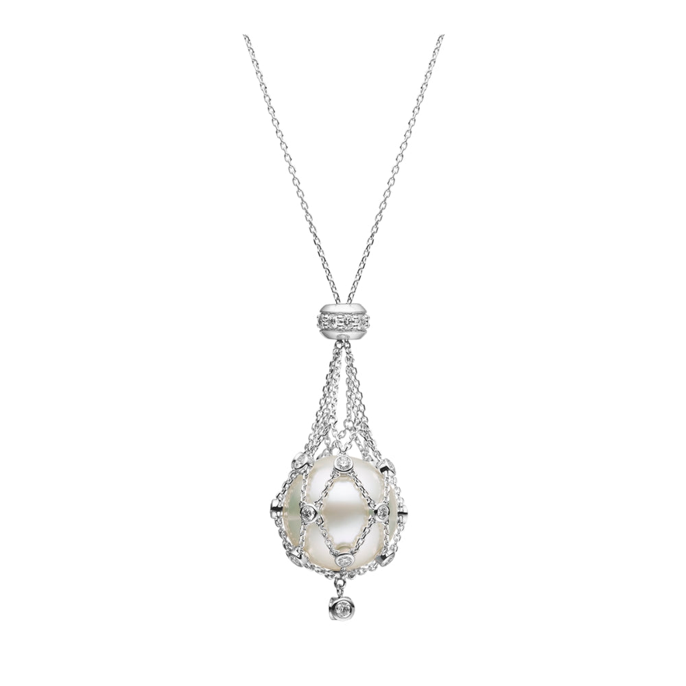 18KWG 30 15MM Button Pearl Lavalier Pendant Necklace - 1.10mm Diamond Accent for Elegant Evening Wear & Special Occasions