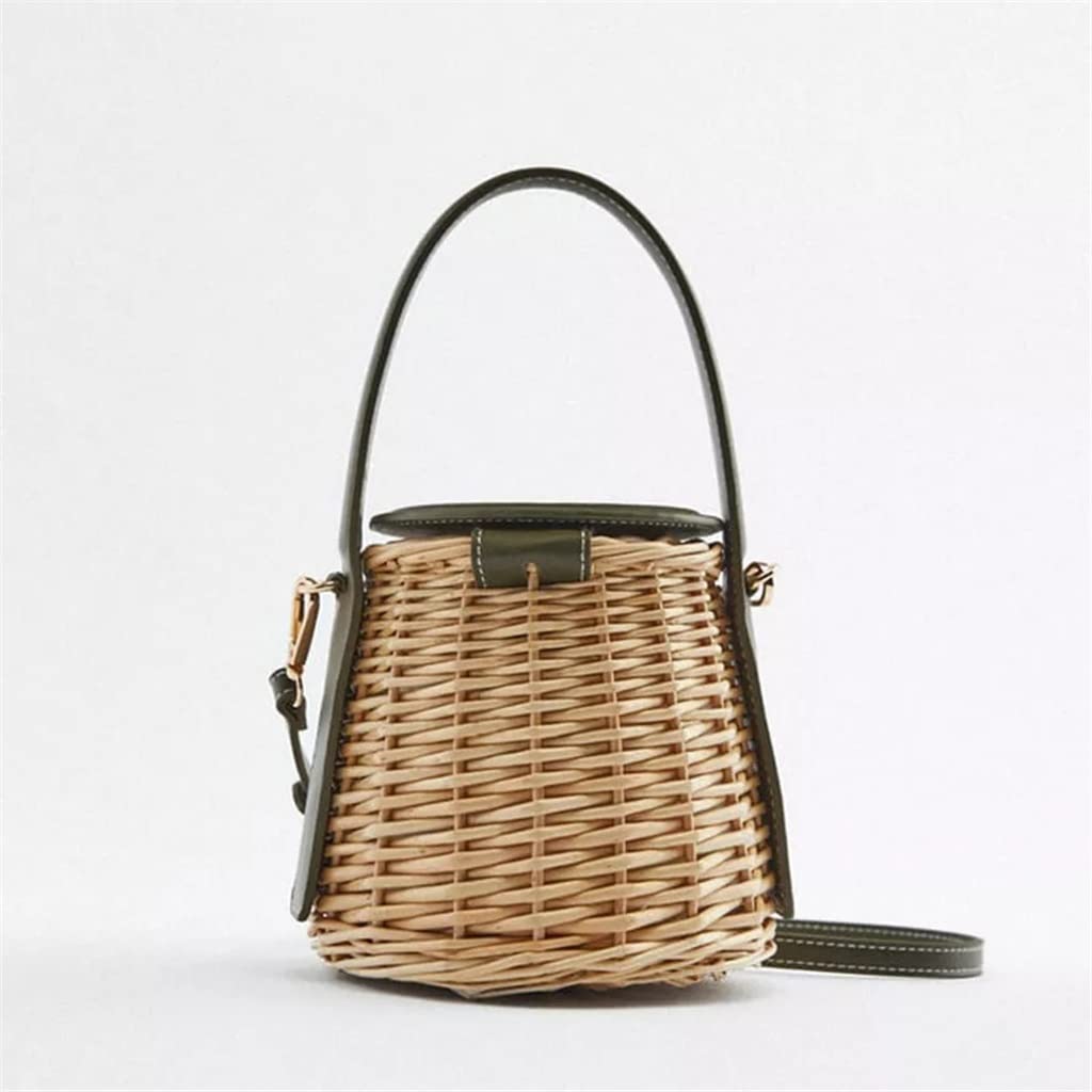 Handmade Rattan Woven Straw Bucket Bag for Women - Beach Shoulder Purse & Crossbody Tote (Khaki) | Perfect for Summer Outings, Vacations, and Boho Fashion Accessories