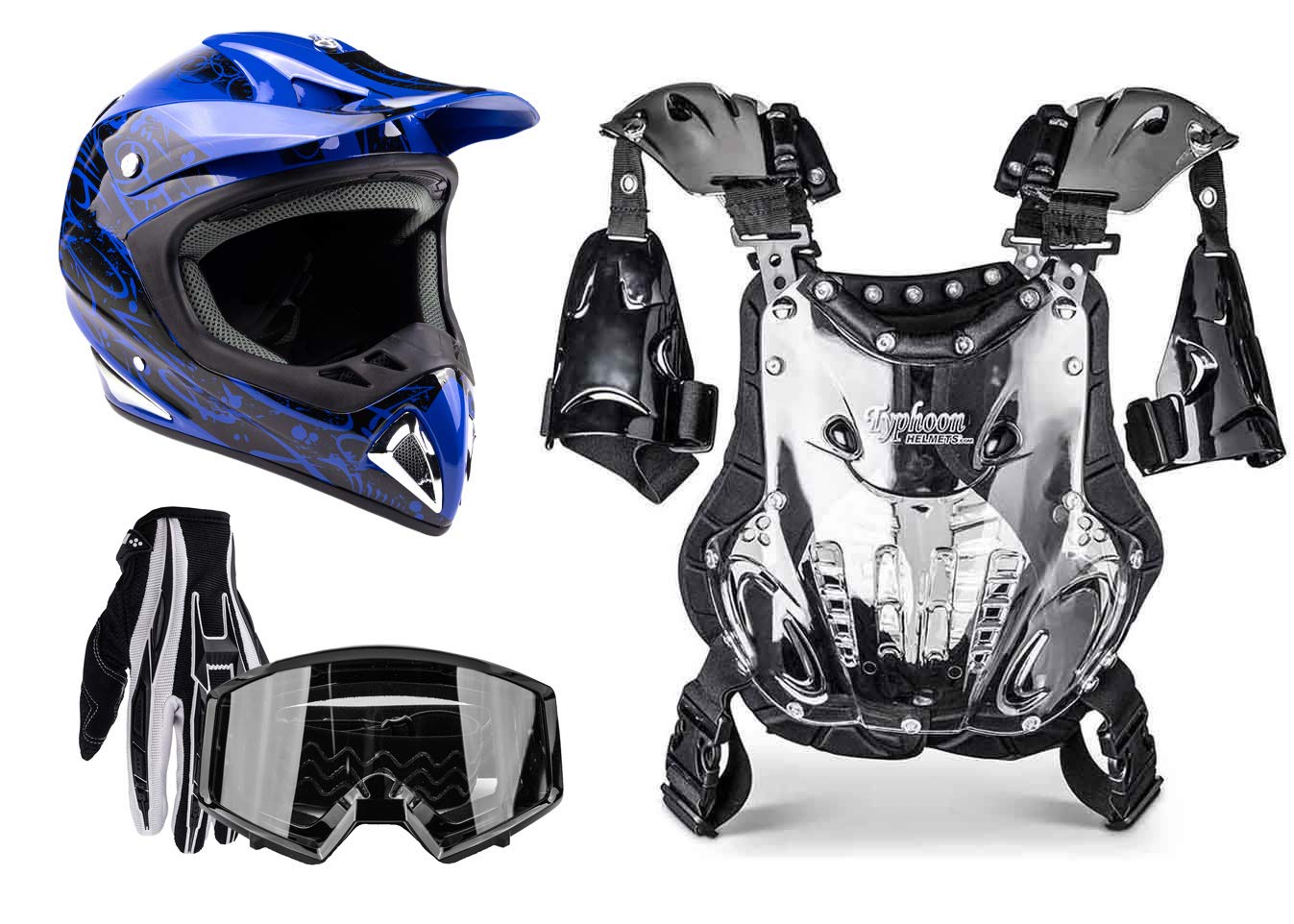 Motocross Gear Combo - Adult Offroad Helmet, Goggles, Gloves & Chest Protector for Dirt Bike Riding | Protective Equipment for MX Racing & Trail Adventures