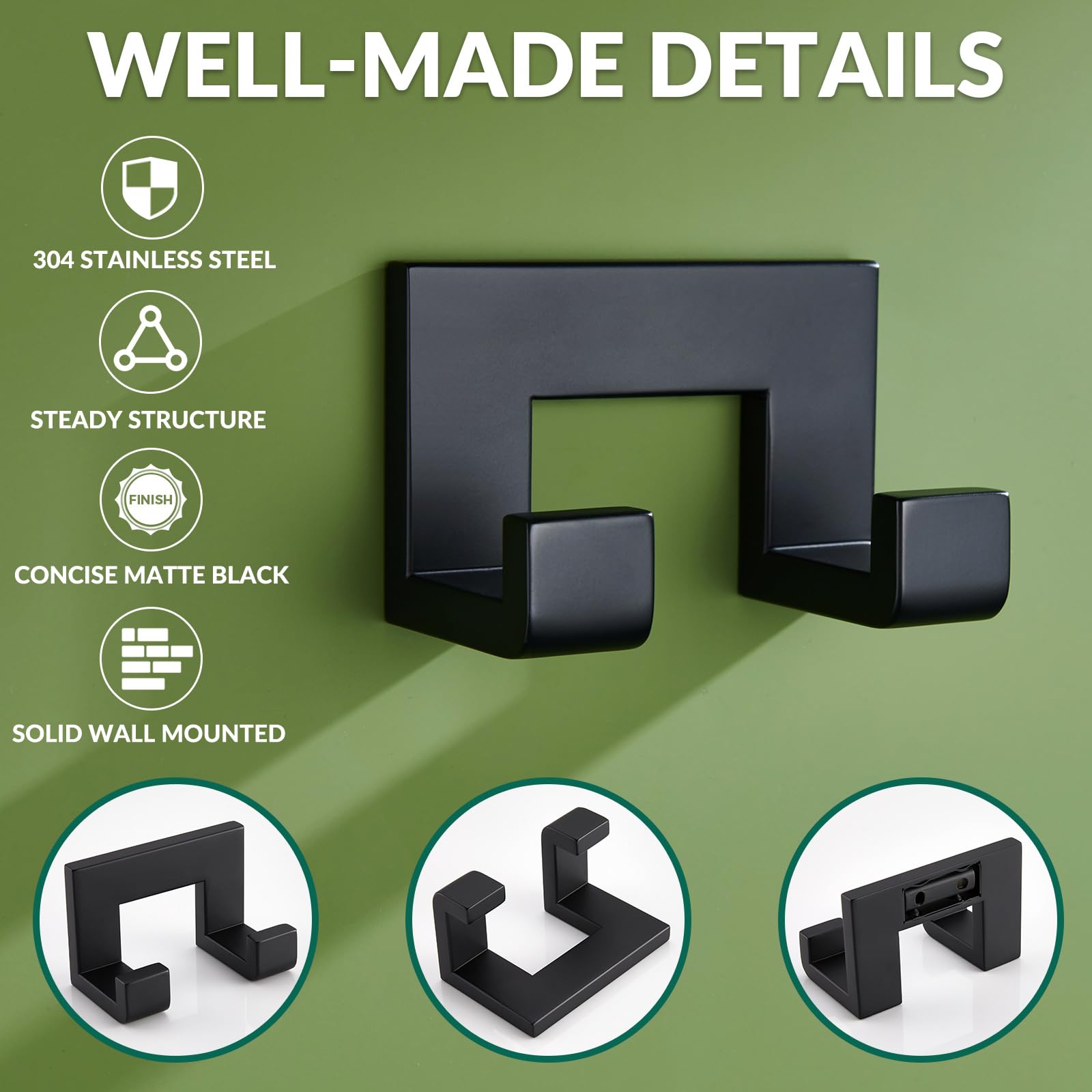 APLusee Matte Black Dual Coat Hook - Stainless Steel for Bathroom & Kitchen Storage