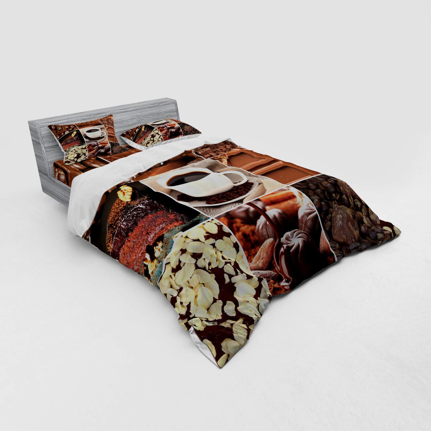 Ambesonne Brown 4-Piece Queen Bedding Set - Coffee & Chocolate Themed Duvet Cover with Shams & Fitted Sheet | Perfect for Cozy Bedrooms, Guest Rooms & Coffee Lovers' Home Decor