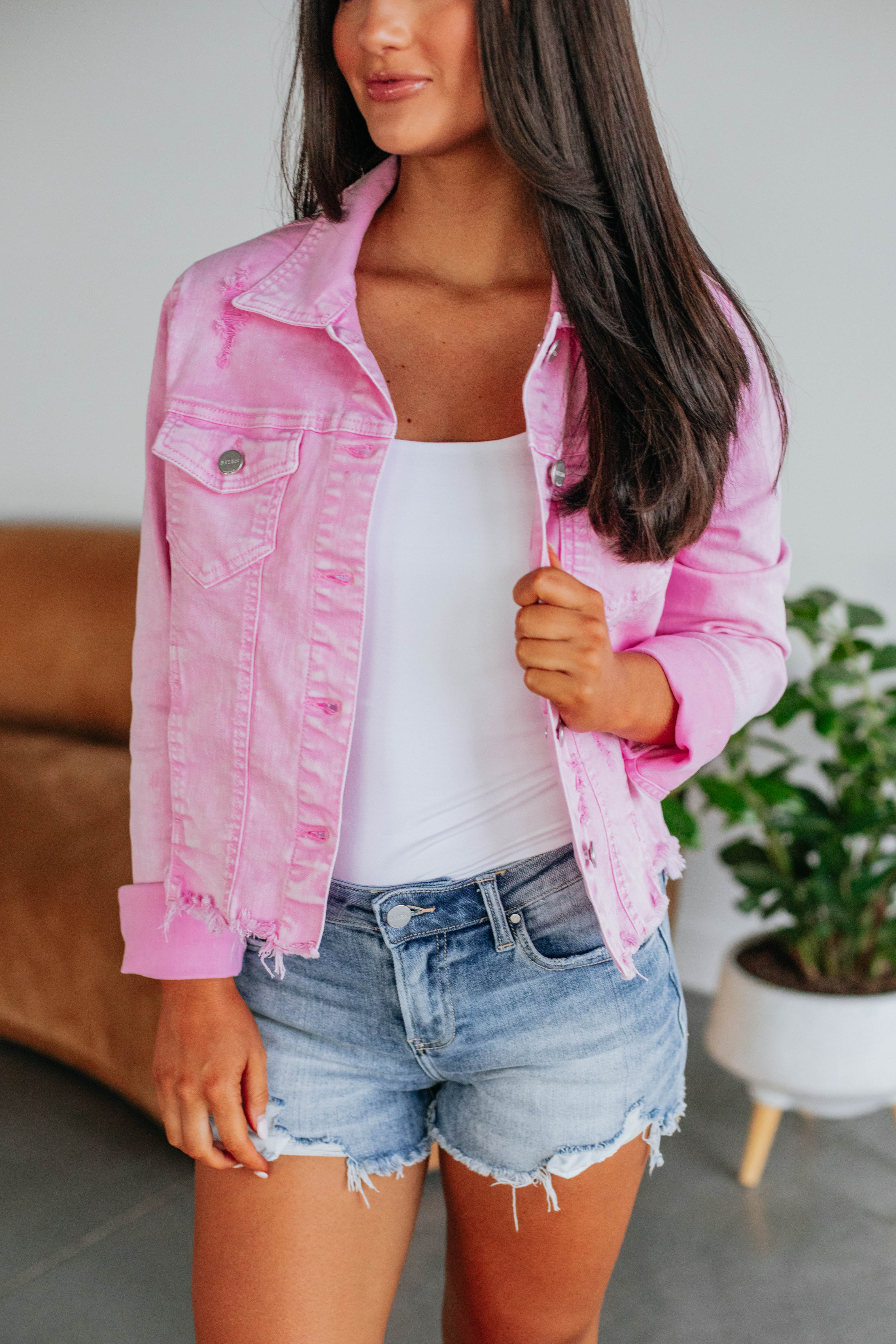 Gemma Risen Acid Pink Denim Jacket for Women - Trendy Distressed Vintage Style - Perfect for Casual Outfits, Streetwear & Spring Fashion