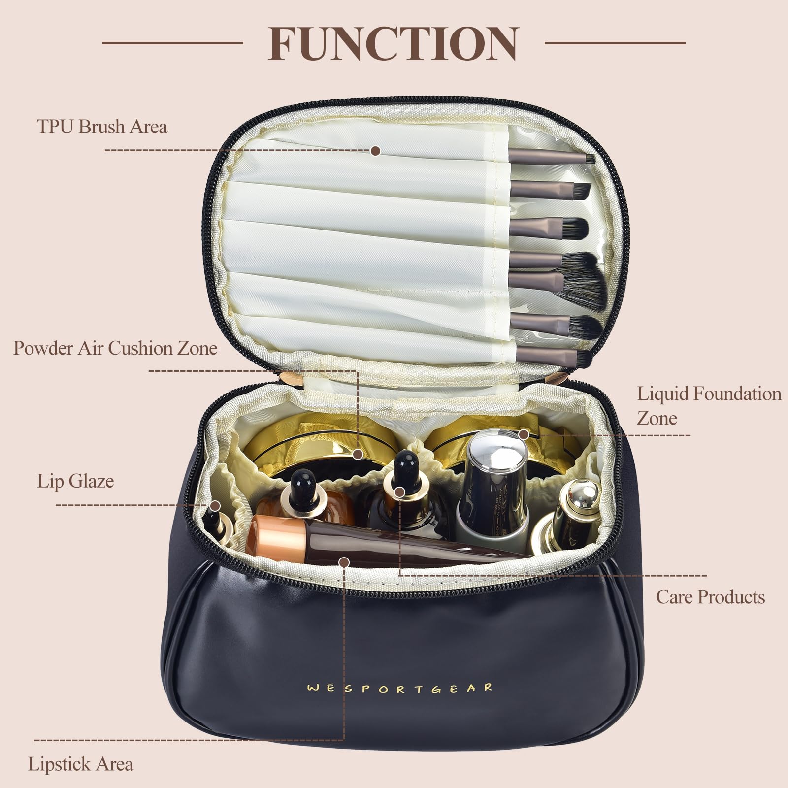 Waterproof Travel Makeup Bag for Women - Large Capacity Cosmetic Organizer with Multiple Compartments | Portable Toiletry Bag for Vacation, Business Trips & Gym Essentials (Black)