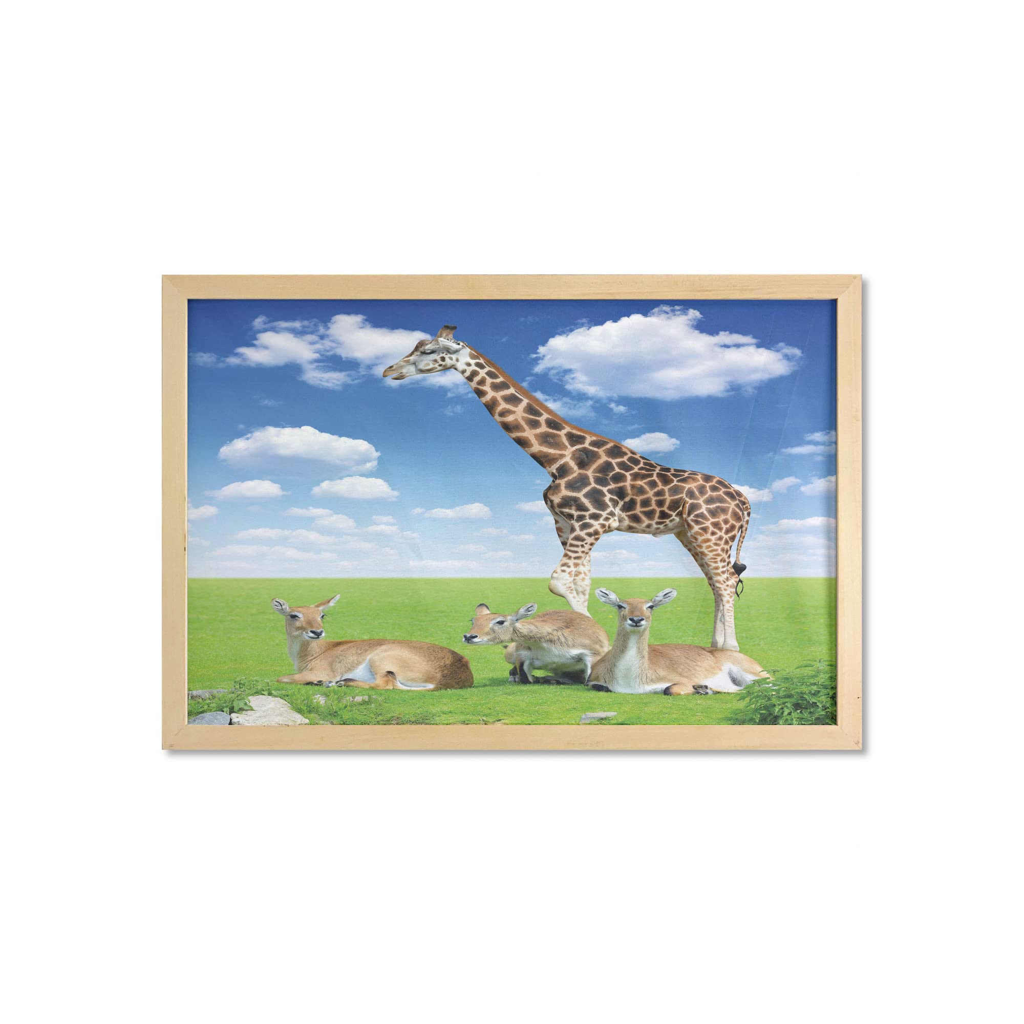 Ambesonne Giraffe Wall Art with Frame - African Wildlife Decor Featuring Antelope & Giraffe on Green Meadow - Tropical Zoo Animals Printed Fabric Poster - 35