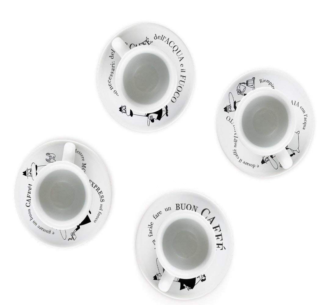 Bialetti Moka Espresso Coffee Cups and Saucers Set of 4 - Perfect for Italian Coffee Lovers, Home Brewing & Cafe Style Serving